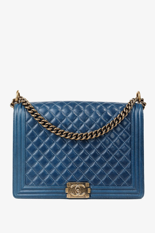 Chanel Blue Quilted Leather Large Boy Shoulder Bag - Rovelle Bags