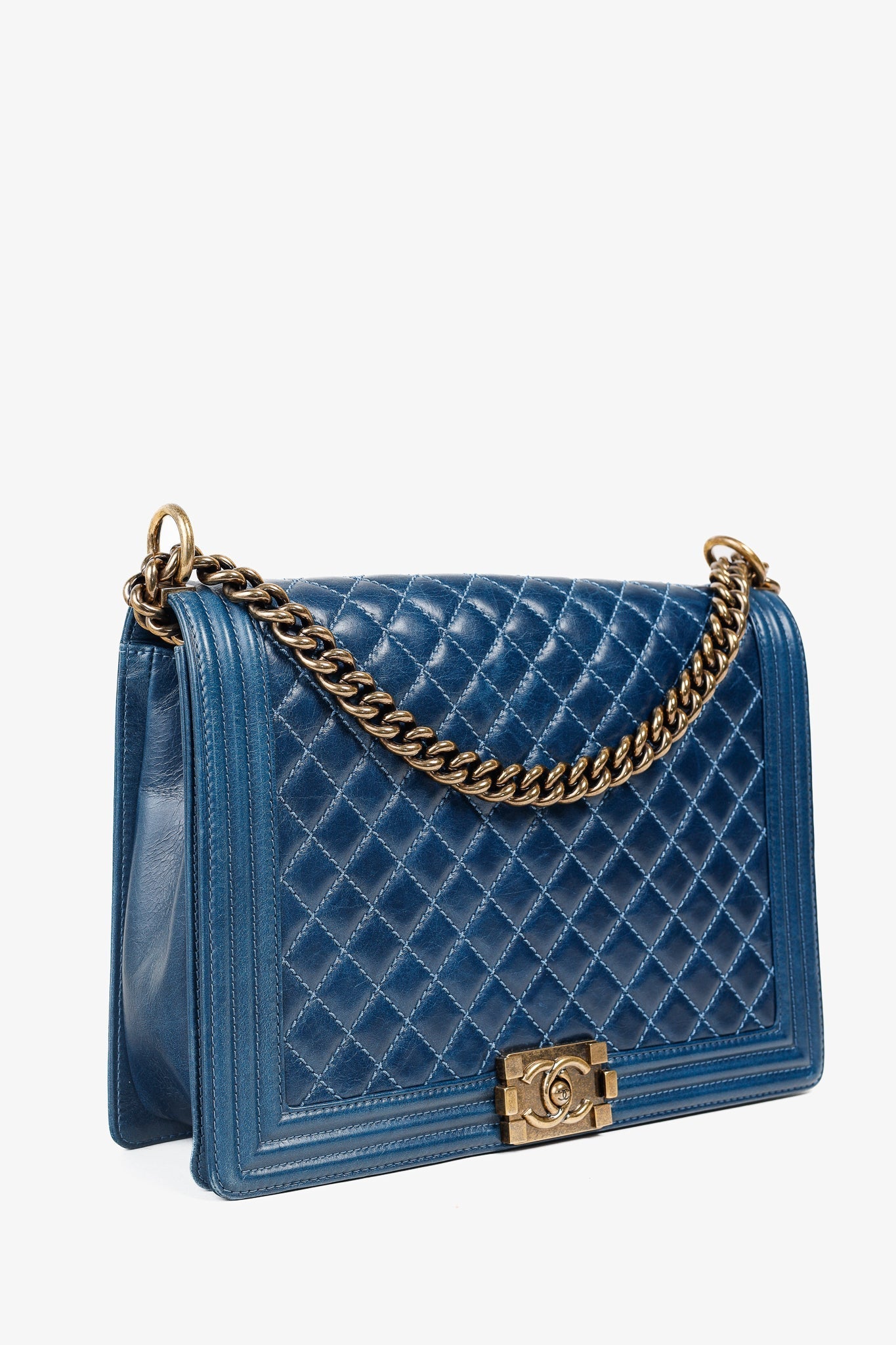 Chanel Blue Quilted Leather Large Boy Shoulder Bag - Rovelle Bags