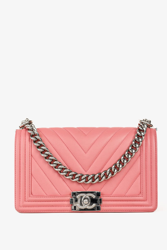 Chanel Boy Medium Pink Calfskin Chevron Shoulder Bag - Rovelle Bags