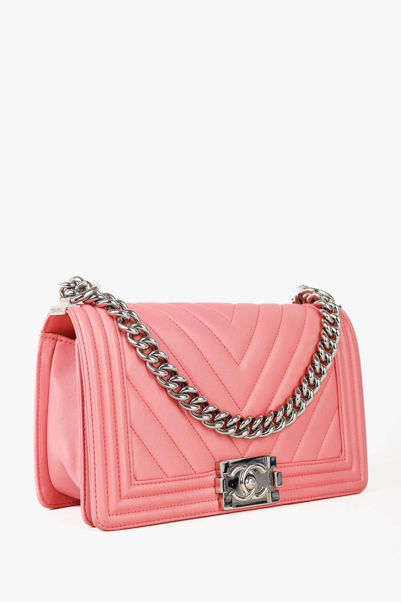 Chanel Boy Medium Pink Calfskin Chevron Shoulder Bag - Rovelle Bags