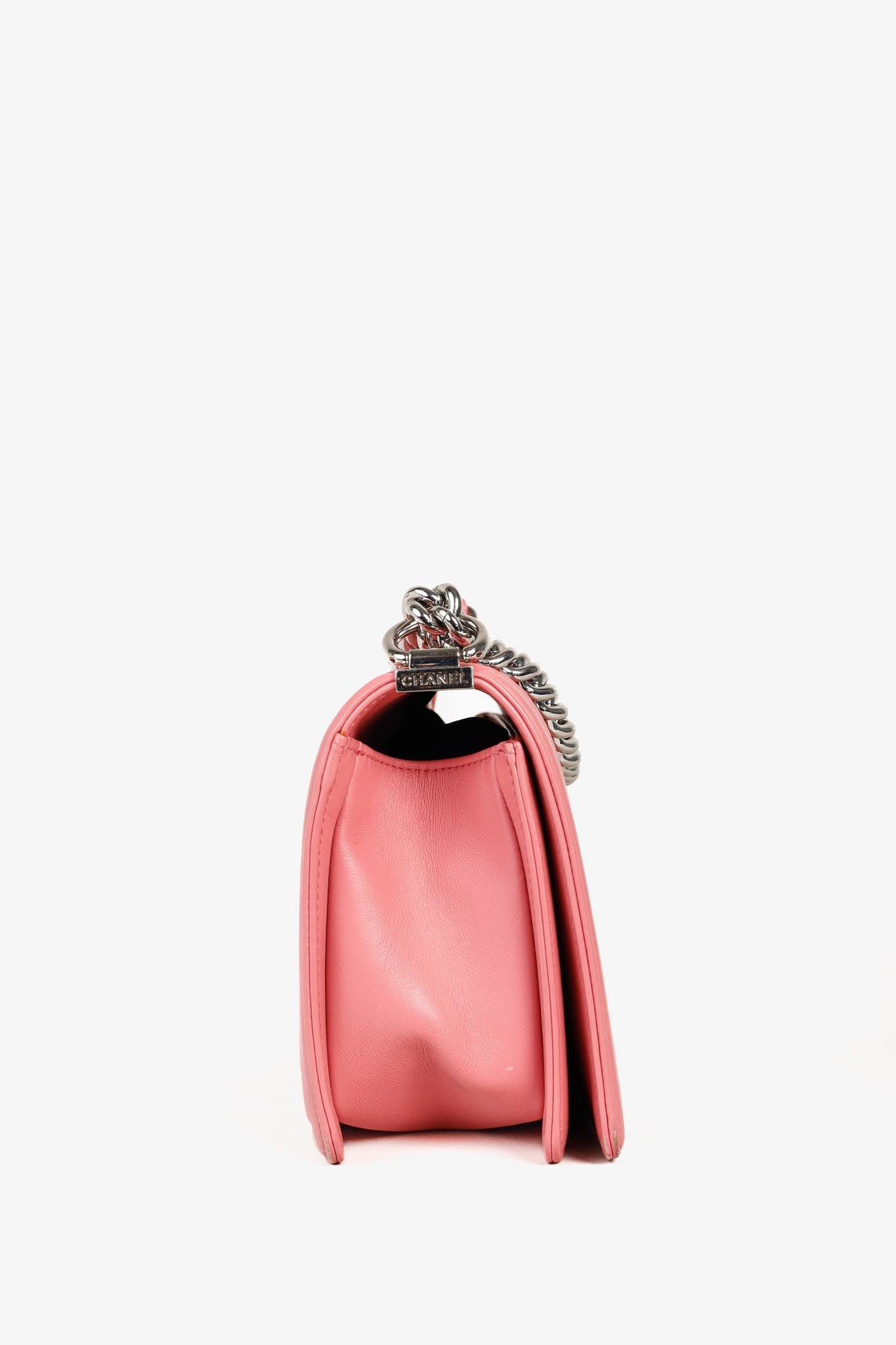 Chanel Boy Medium Pink Calfskin Chevron Shoulder Bag - Rovelle Bags