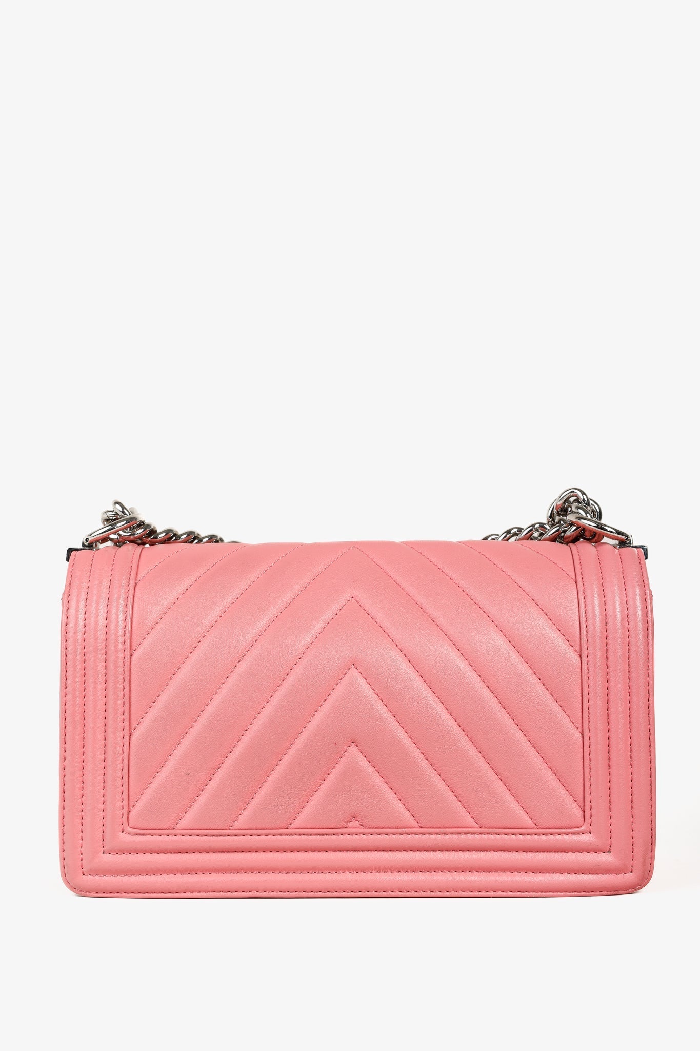 Chanel Boy Medium Pink Calfskin Chevron Shoulder Bag - Rovelle Bags