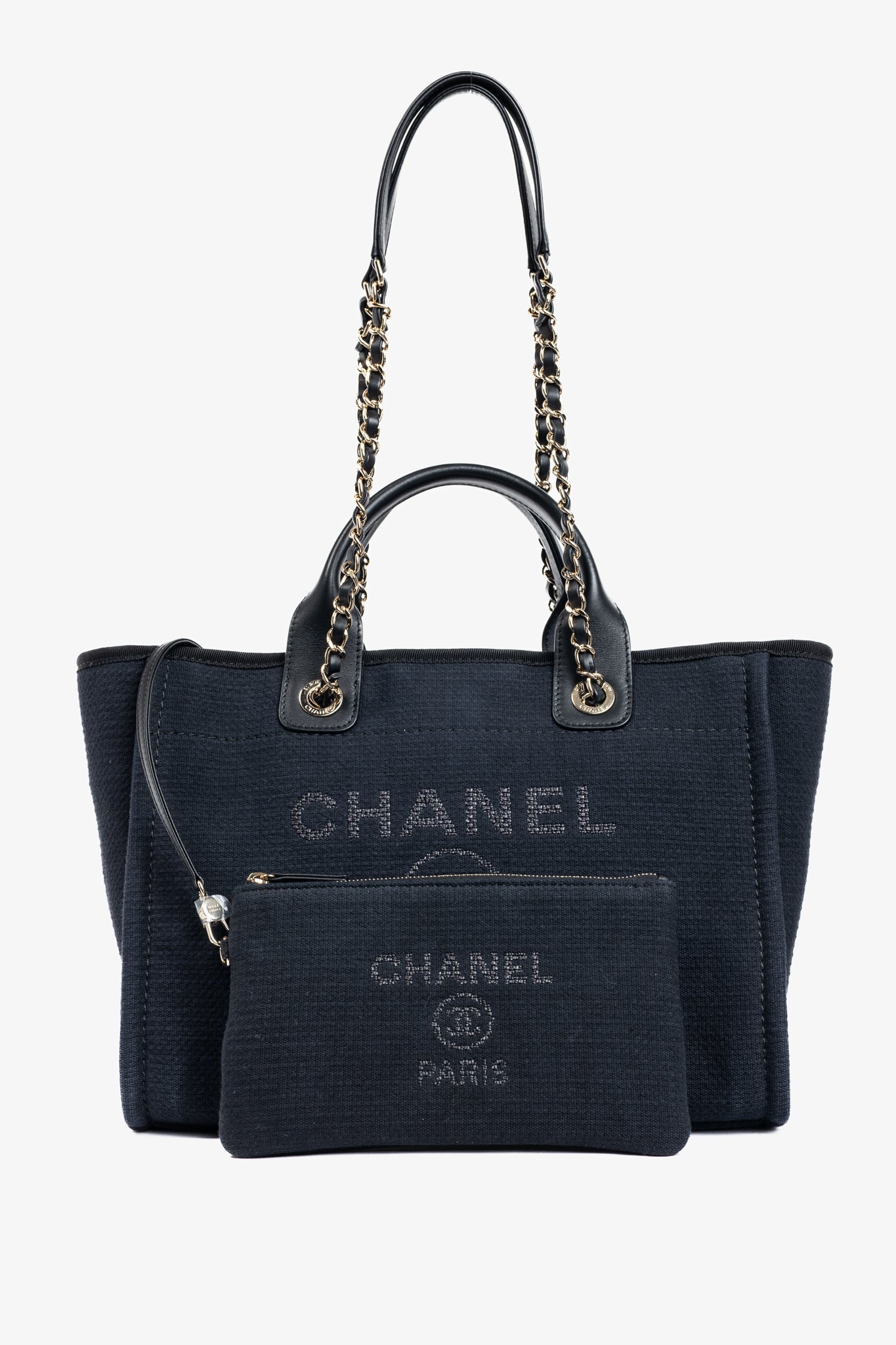 Chanel Small Deauville Black Canvas Logo Shopping Bag - Rovelle Bags