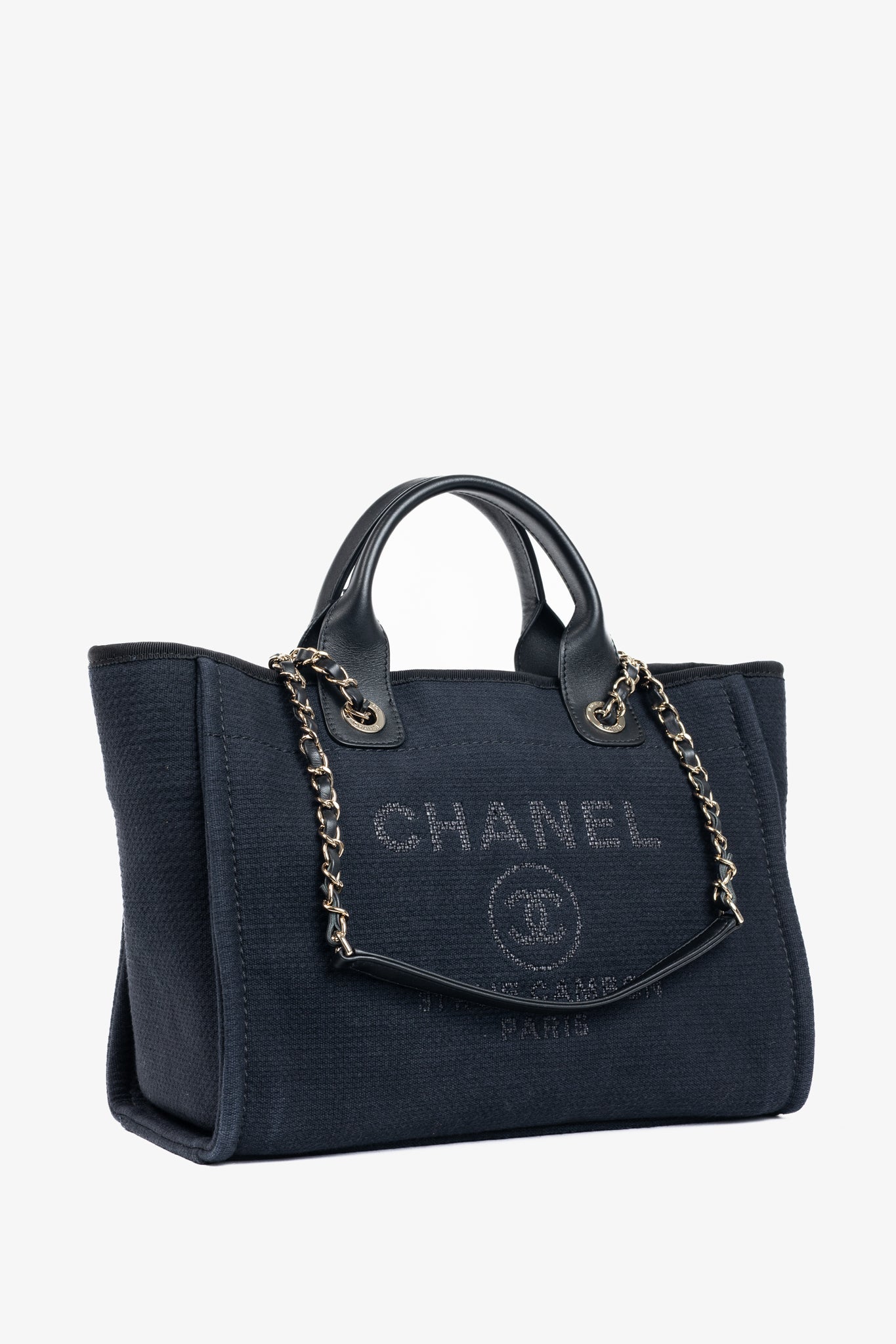 Chanel Small Deauville Black Canvas Logo Shopping Bag - Rovelle Bags