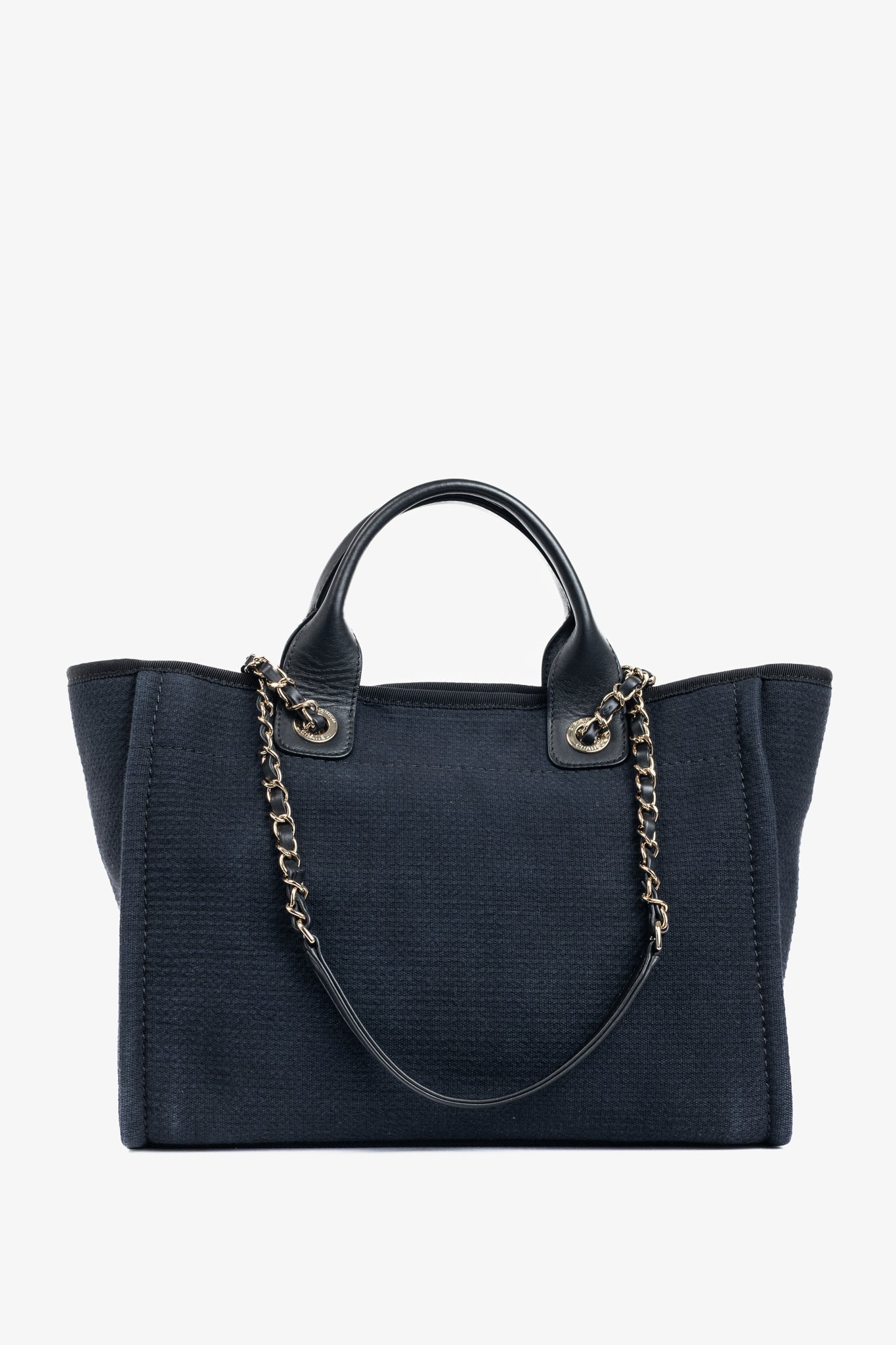 Chanel Small Deauville Black Canvas Logo Shopping Bag - Rovelle Bags