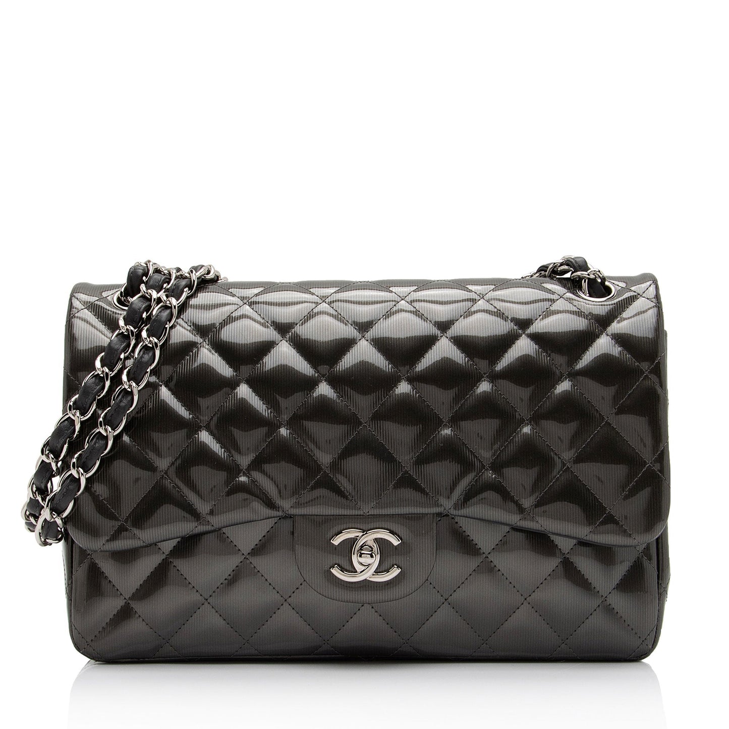 Chanel Patent Leather Stripe Classic Jumbo Flap Bag - Rovelle Bags