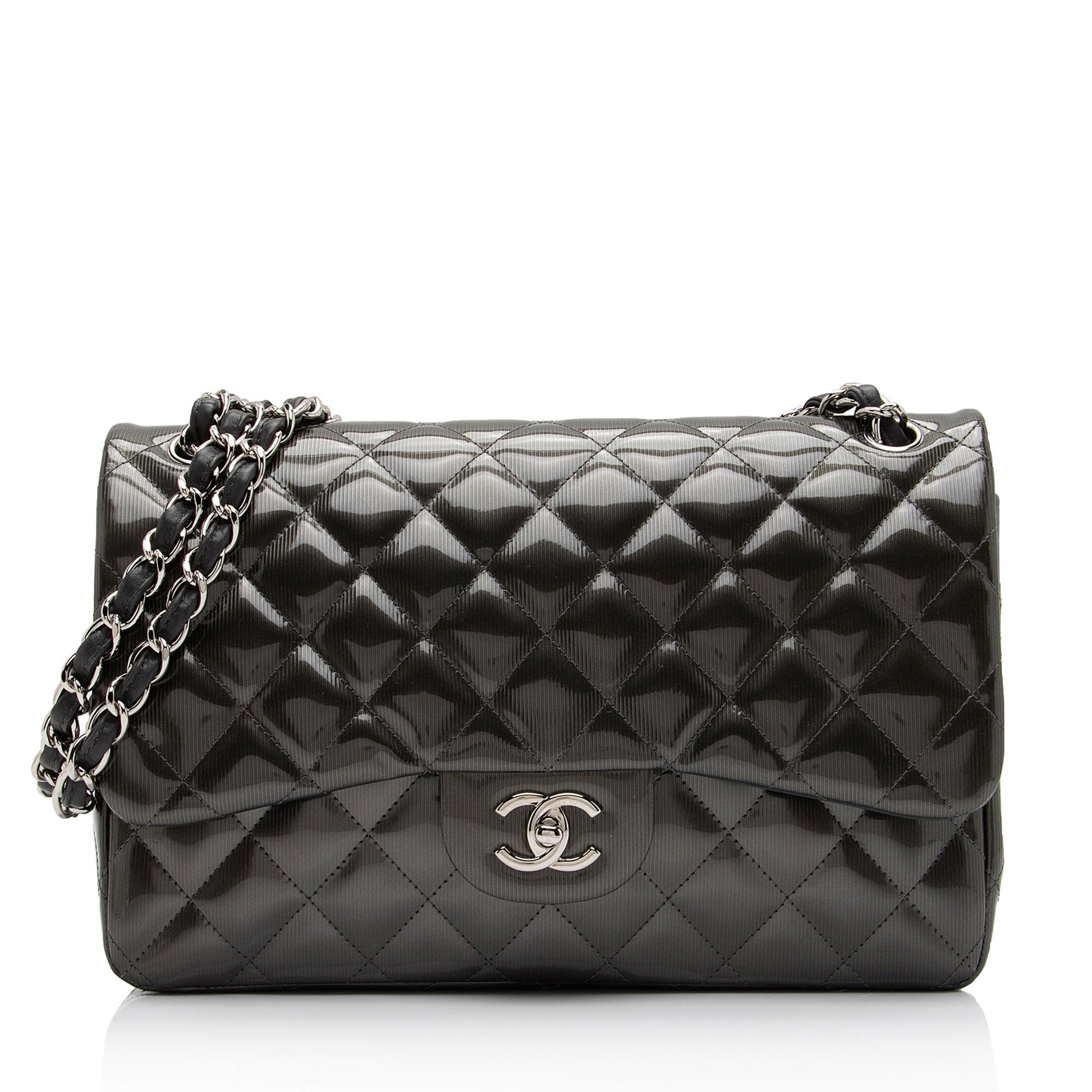 Chanel Patent Leather Stripe Classic Jumbo Flap Bag - Rovelle Bags