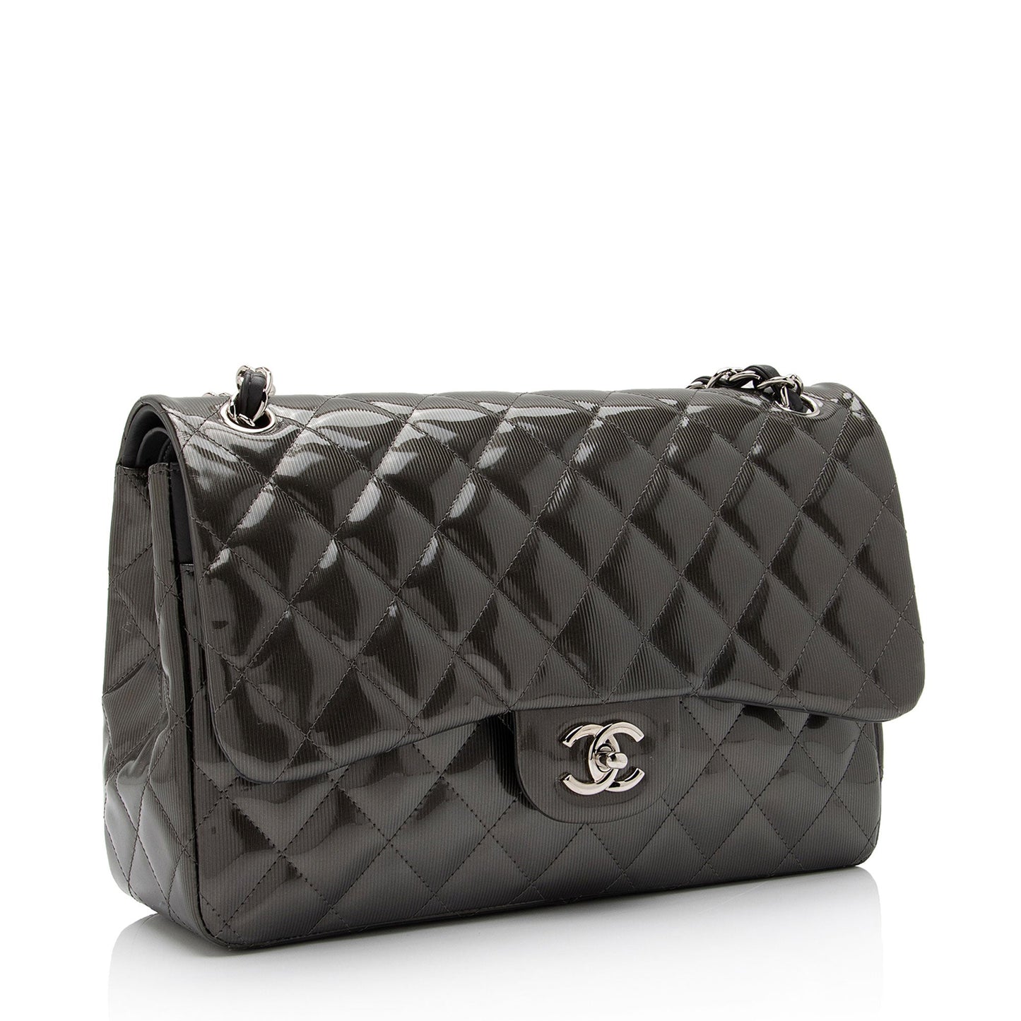 Chanel Patent Leather Stripe Classic Jumbo Flap Bag - Rovelle Bags