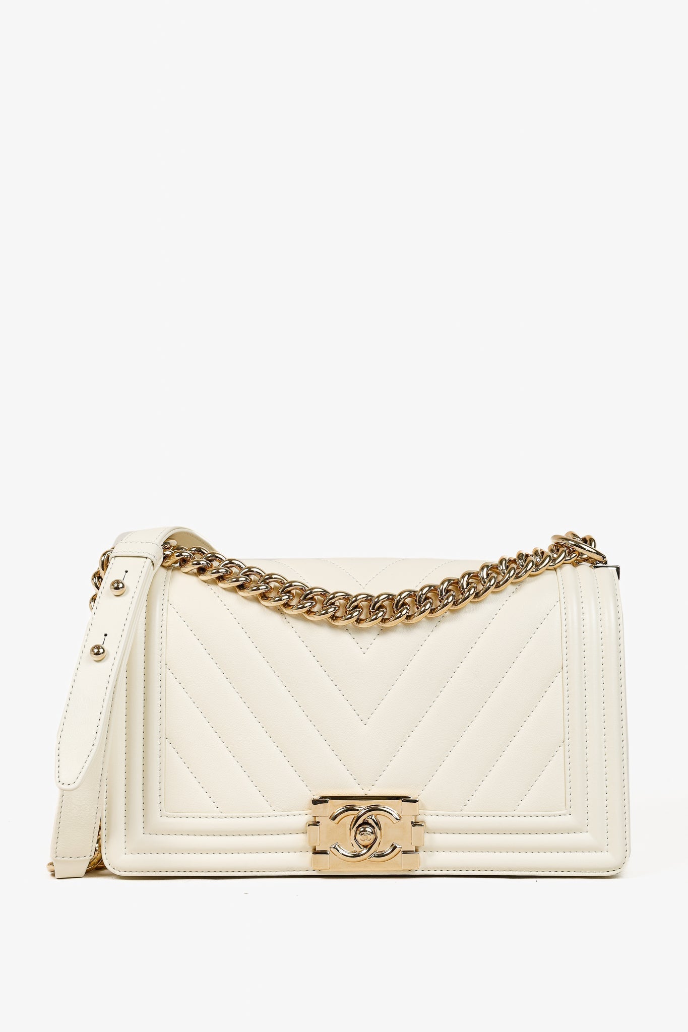 Chanel Medium Boy Creme Chevron Lambskin Shoulder Bag - Rovelle Bags
