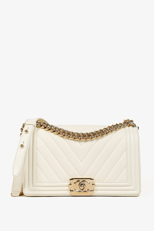 Chanel Medium Boy Creme Chevron Lambskin Shoulder Bag - Rovelle Bags