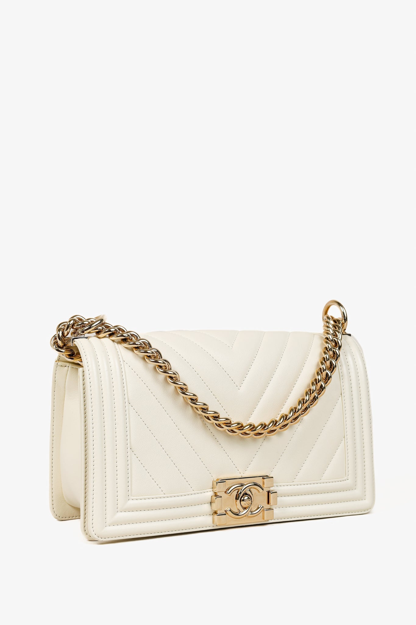 Chanel Medium Boy Creme Chevron Lambskin Shoulder Bag - Rovelle Bags