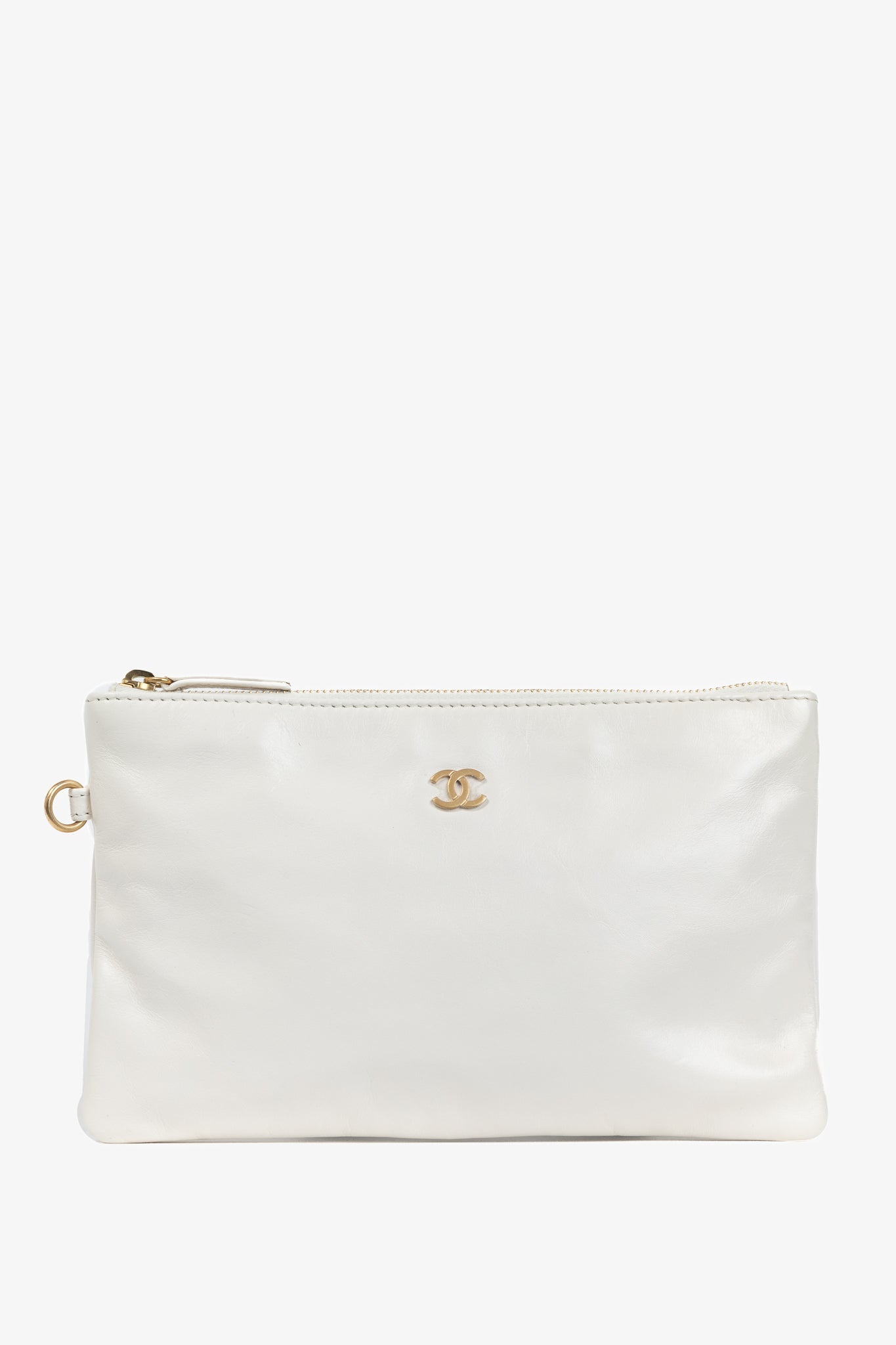 Chanel White Shiny Calfskin Logo Pouch Clutch Bag - Rovelle Bags