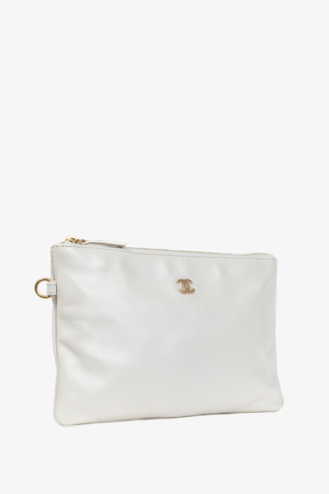 Chanel White Shiny Calfskin Logo Pouch Clutch Bag - Rovelle Bags