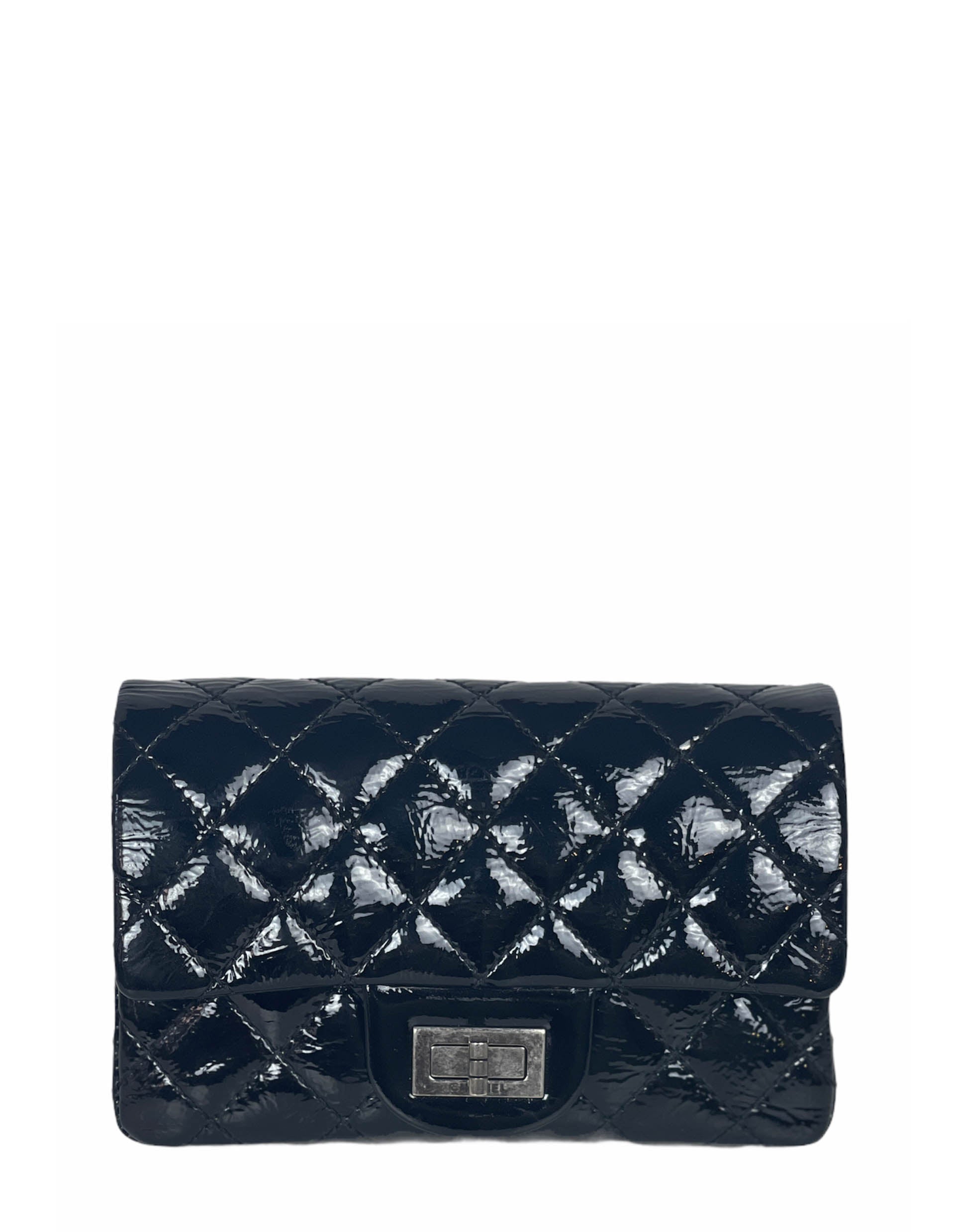 Chanel Black Aged Patent Leather 2.55 Clutch Bag - Rovelle Bags