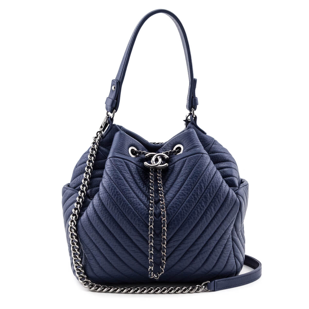 Chanel Blue Quilted Deerskin Chevron Medium Bucket Bag - Rovelle Bags