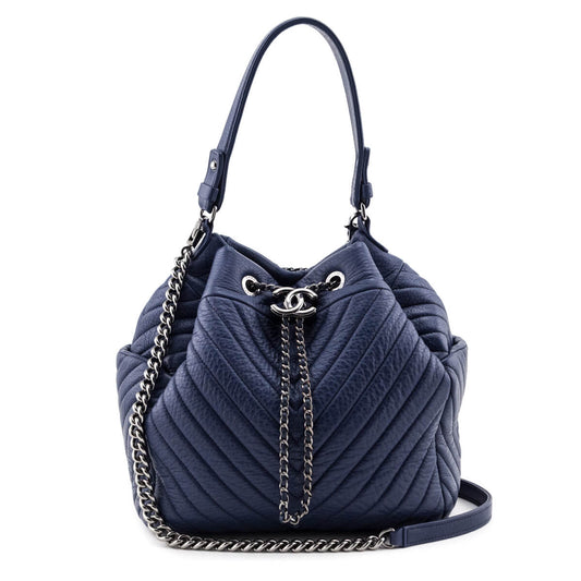 Chanel Blue Quilted Deerskin Chevron Medium Bucket Bag - Rovelle Bags