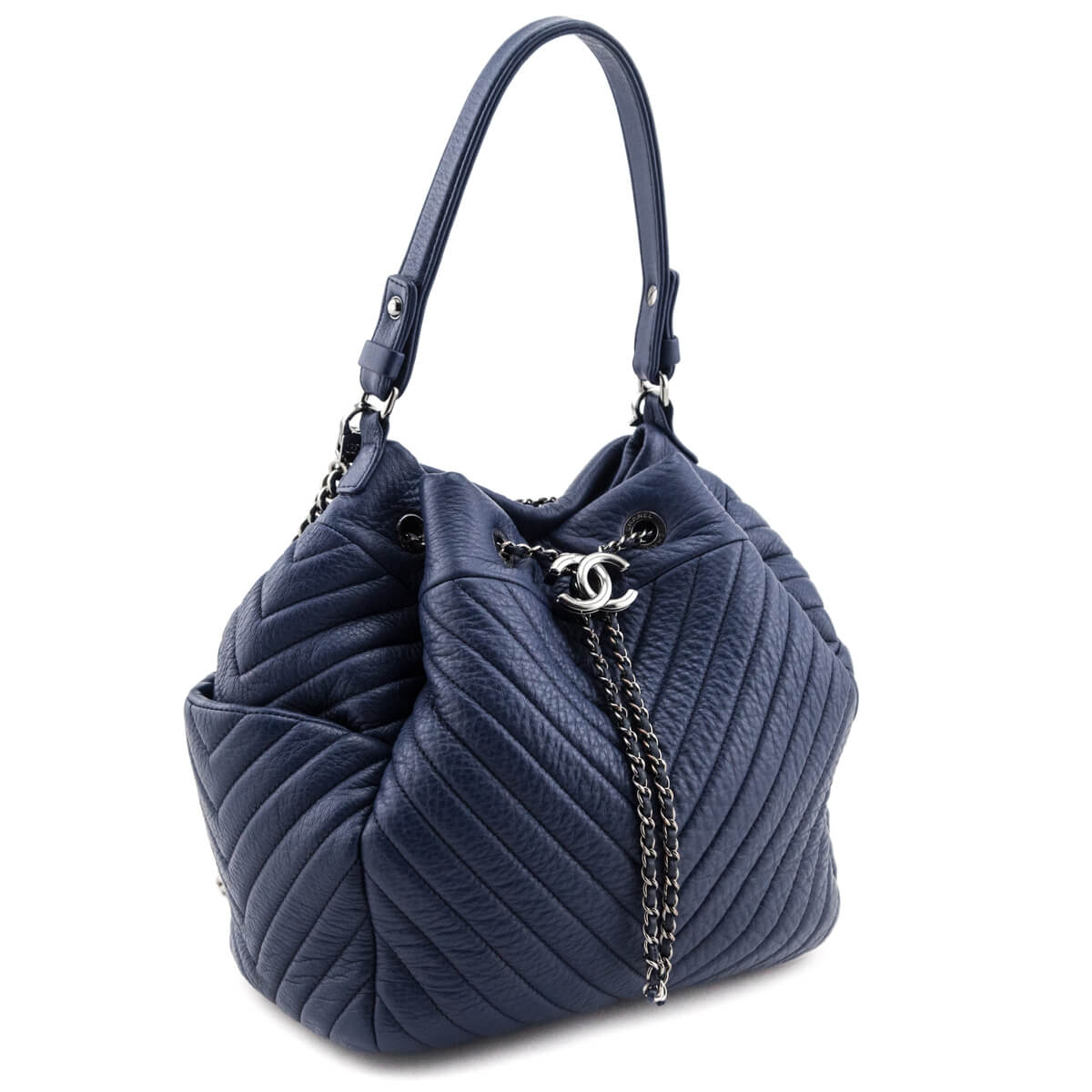 Chanel Blue Quilted Deerskin Chevron Medium Bucket Bag - Rovelle Bags