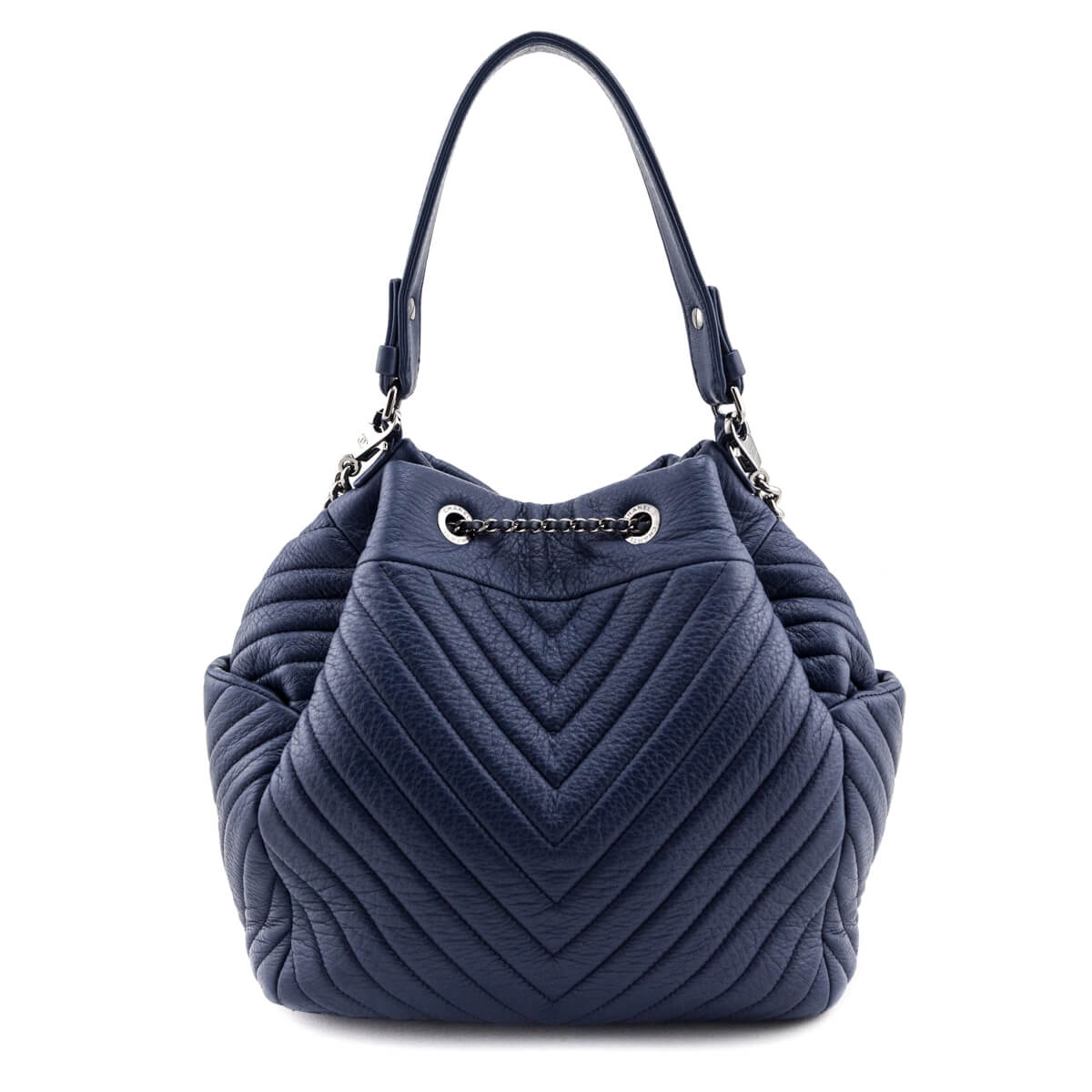Chanel Blue Quilted Deerskin Chevron Medium Bucket Bag - Rovelle Bags