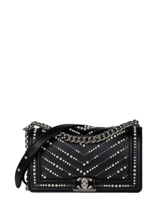 Chanel Black Calfskin Leather Chevron Pearl Handbag - Rovelle Bags