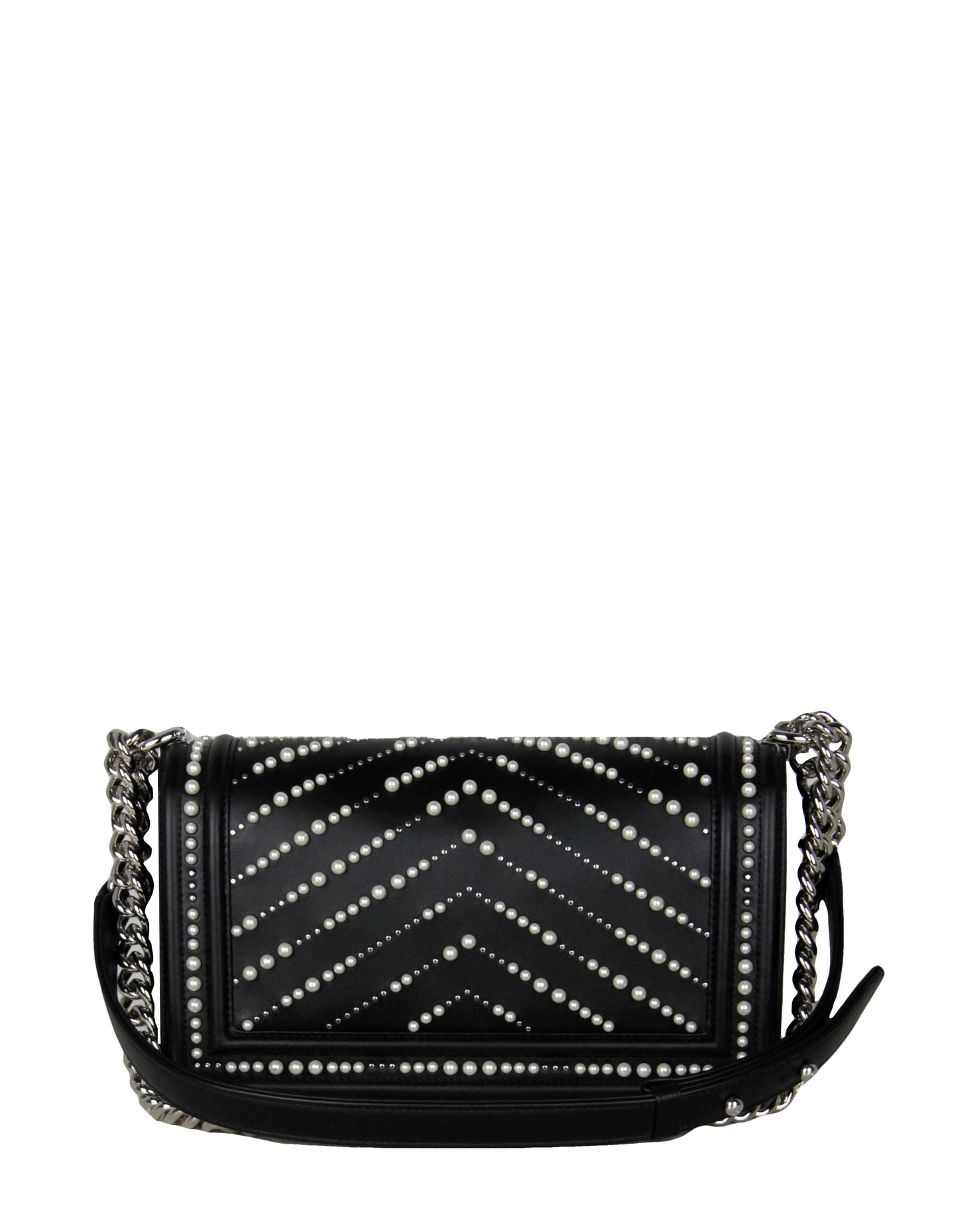 Chanel Black Calfskin Leather Chevron Pearl Handbag - Rovelle Bags