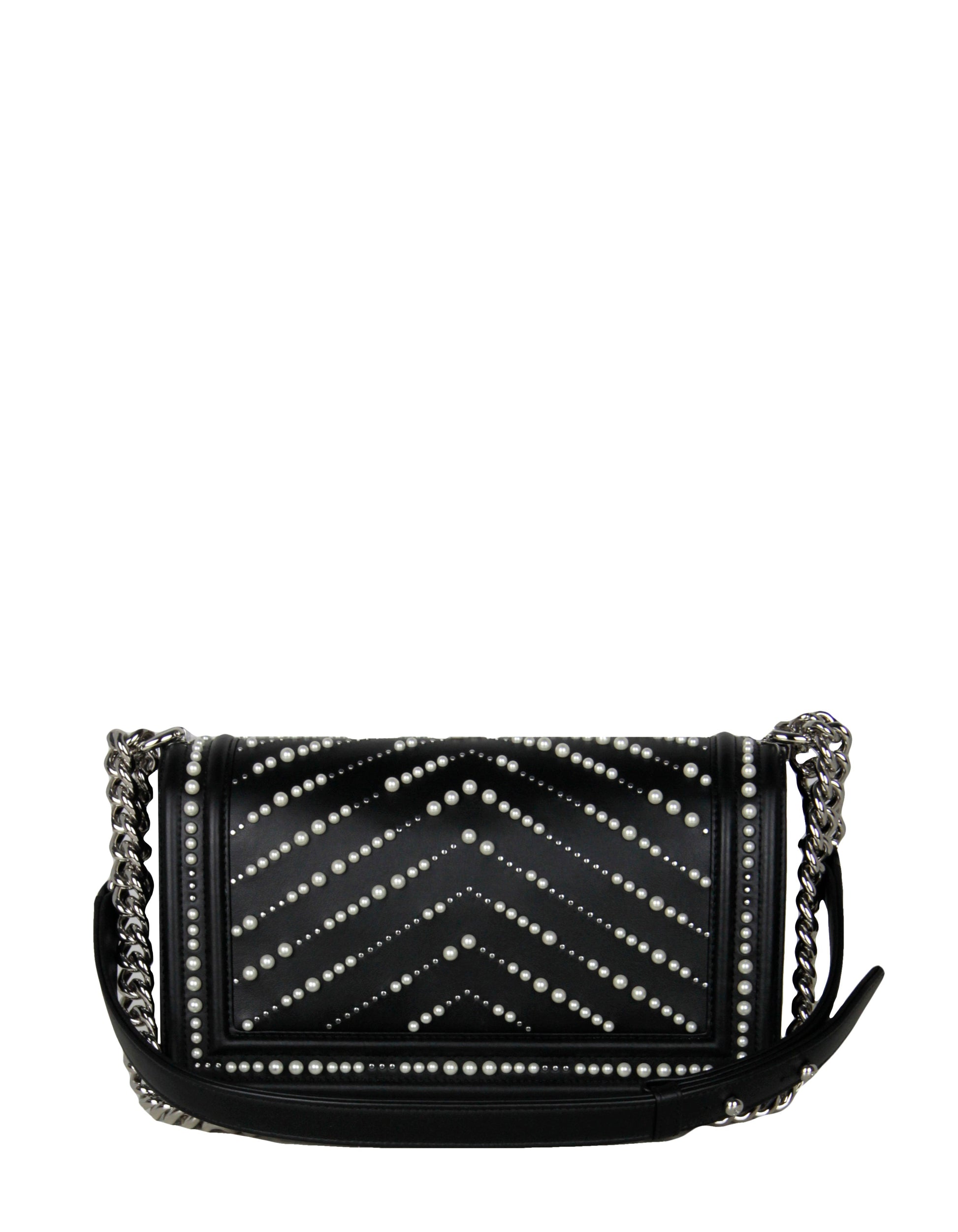 Chanel Black Calfskin Leather Chevron Pearl Handbag - Rovelle Bags