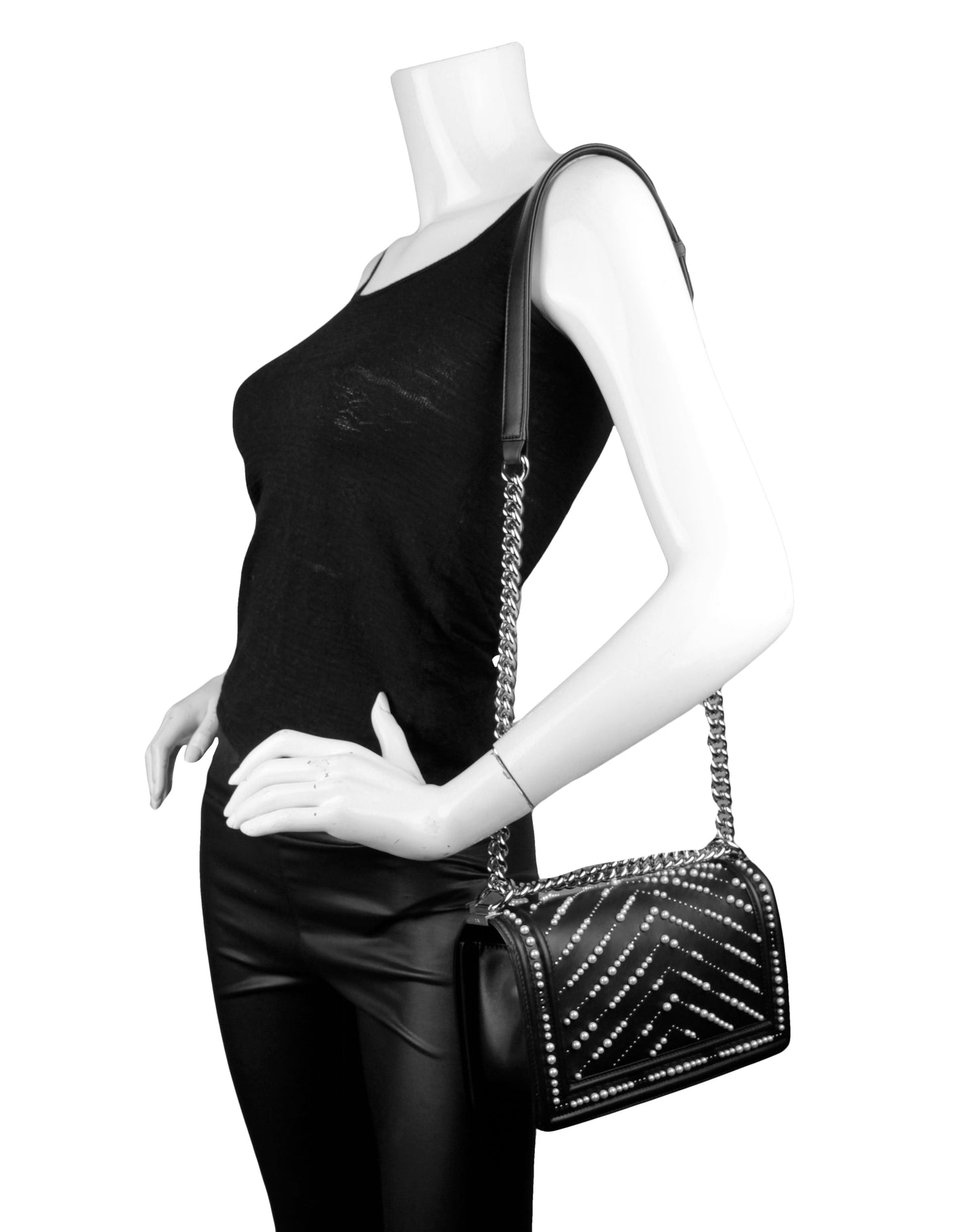 Chanel Black Calfskin Leather Chevron Pearl Handbag - Rovelle Bags
