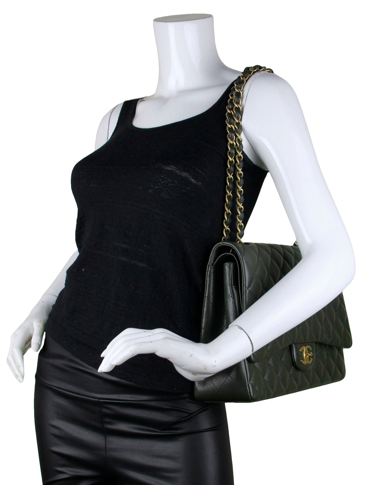 Chanel Dark Green Caviar Leather Double Flap Bag - Rovelle Bags