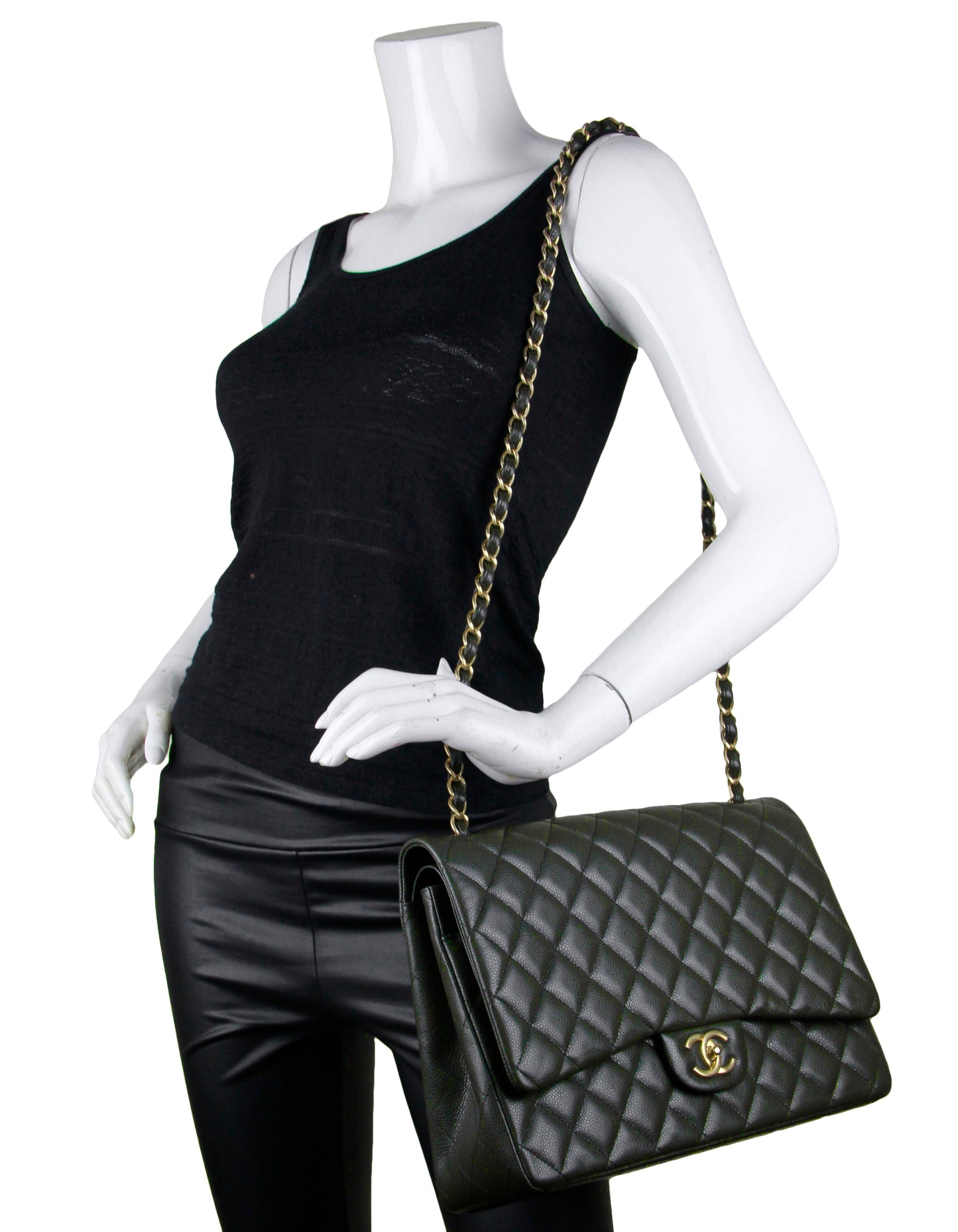 Chanel Dark Green Caviar Leather Double Flap Bag - Rovelle Bags