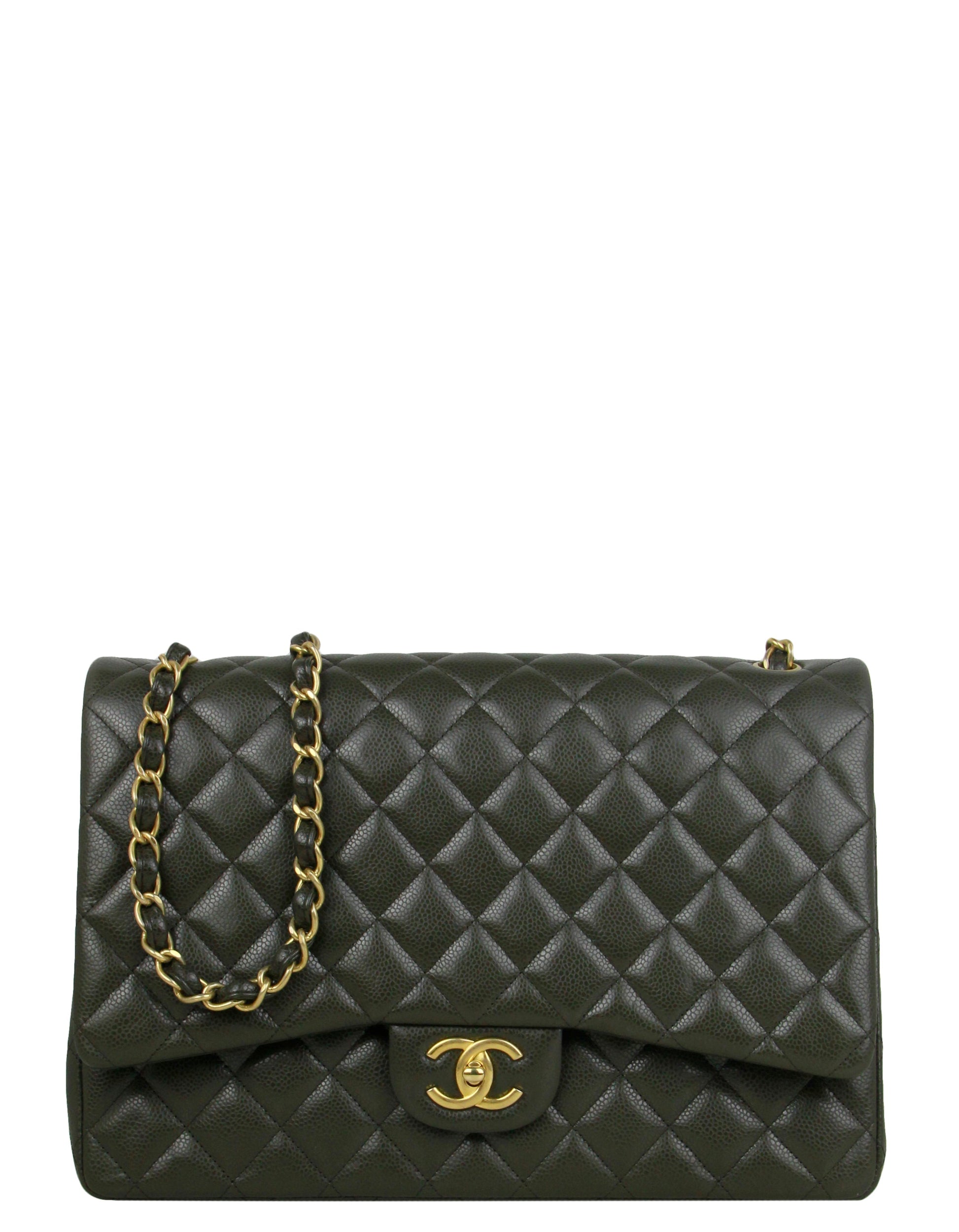 Chanel Dark Green Caviar Leather Double Flap Bag - Rovelle Bags