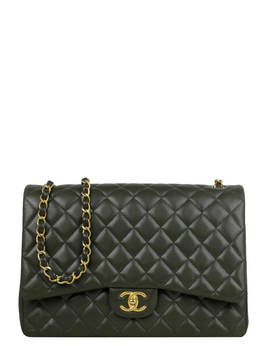 Chanel Dark Green Caviar Leather Double Flap Bag - Rovelle Bags