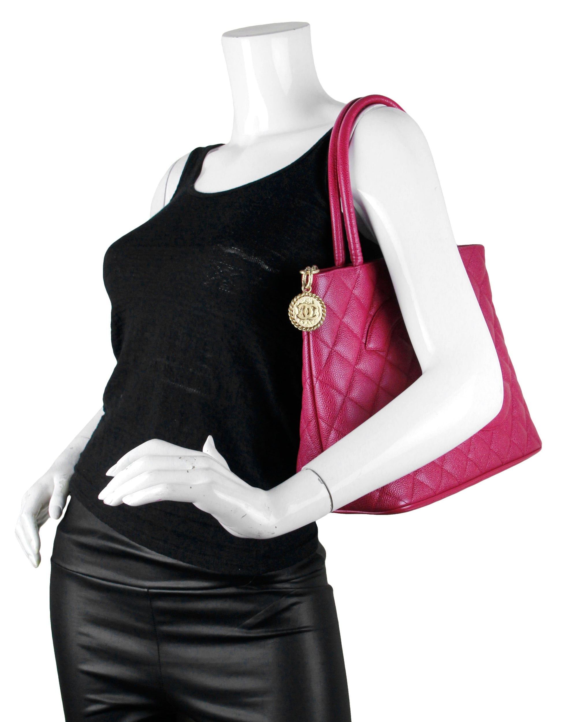 Chanel Dark Pink Caviar Leather CC Tote Bag - Rovelle Bags