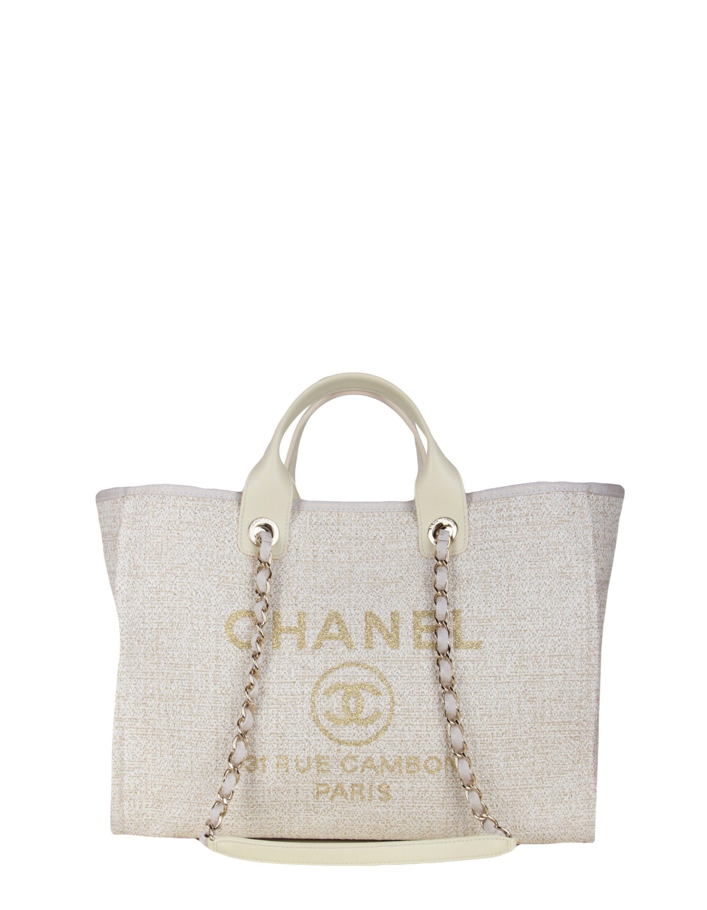 Chanel Ivory/ Gold Large Deauville Shopping Tote Bag - Rovelle Bags