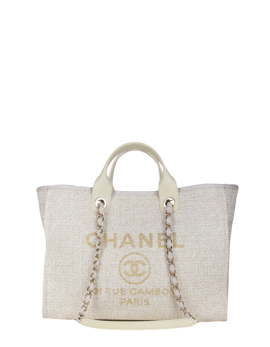 Chanel Ivory/ Gold Large Deauville Shopping Tote Bag - Rovelle Bags