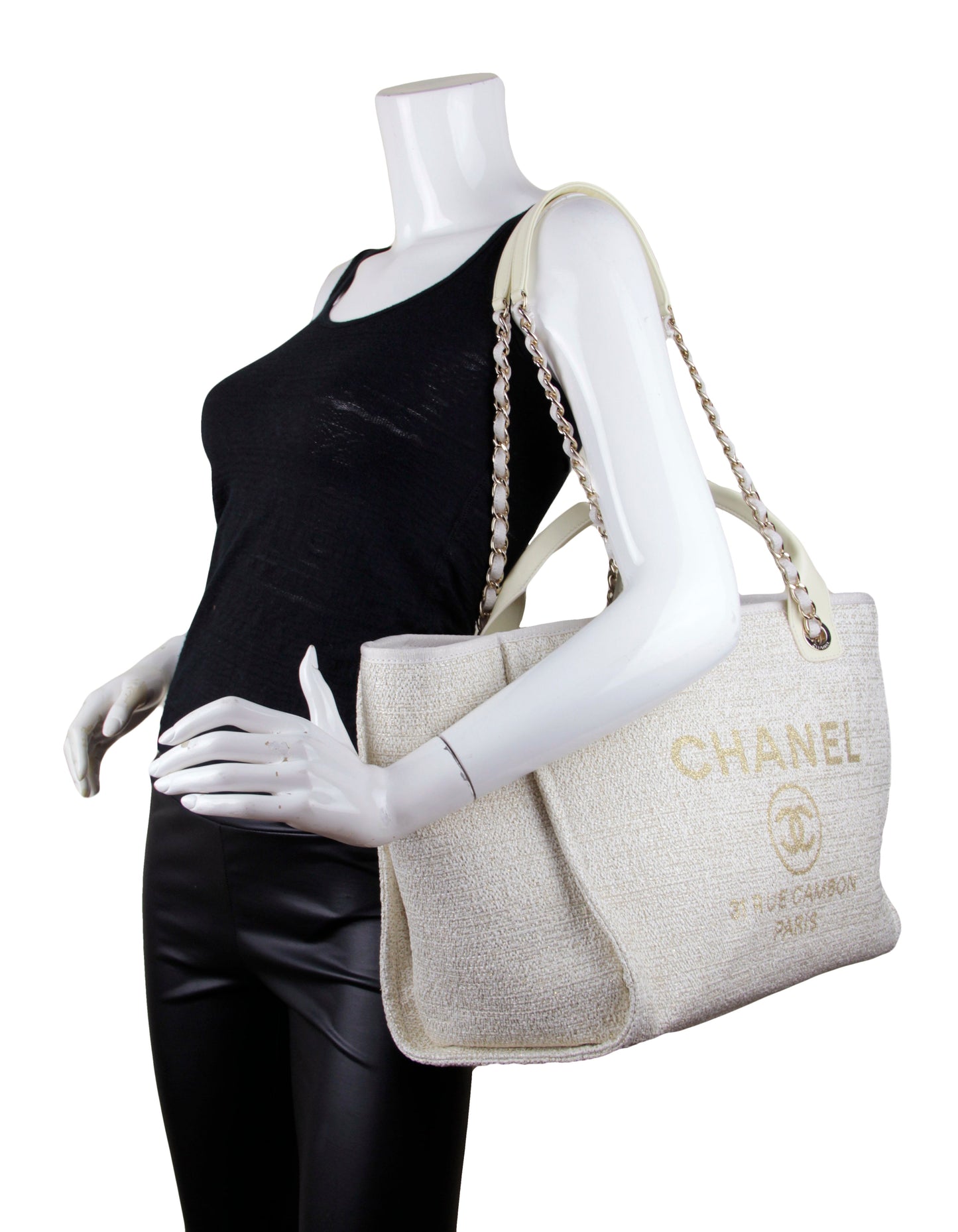 Chanel Ivory/ Gold Large Deauville Shopping Tote Bag - Rovelle Bags