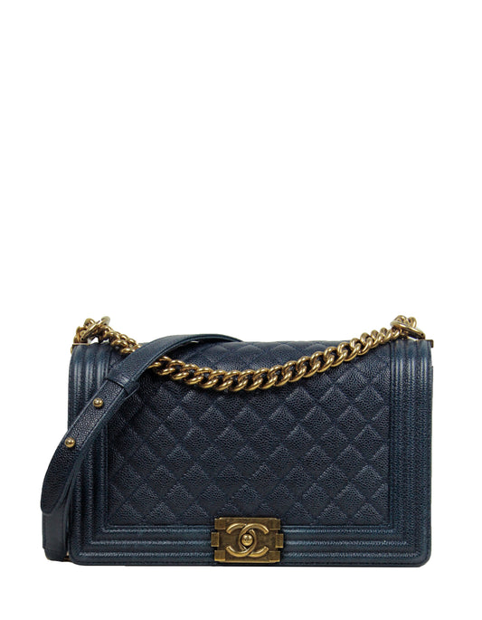 Chanel Navy Caviar Leather New Medium Flap Bag - Rovelle Bags
