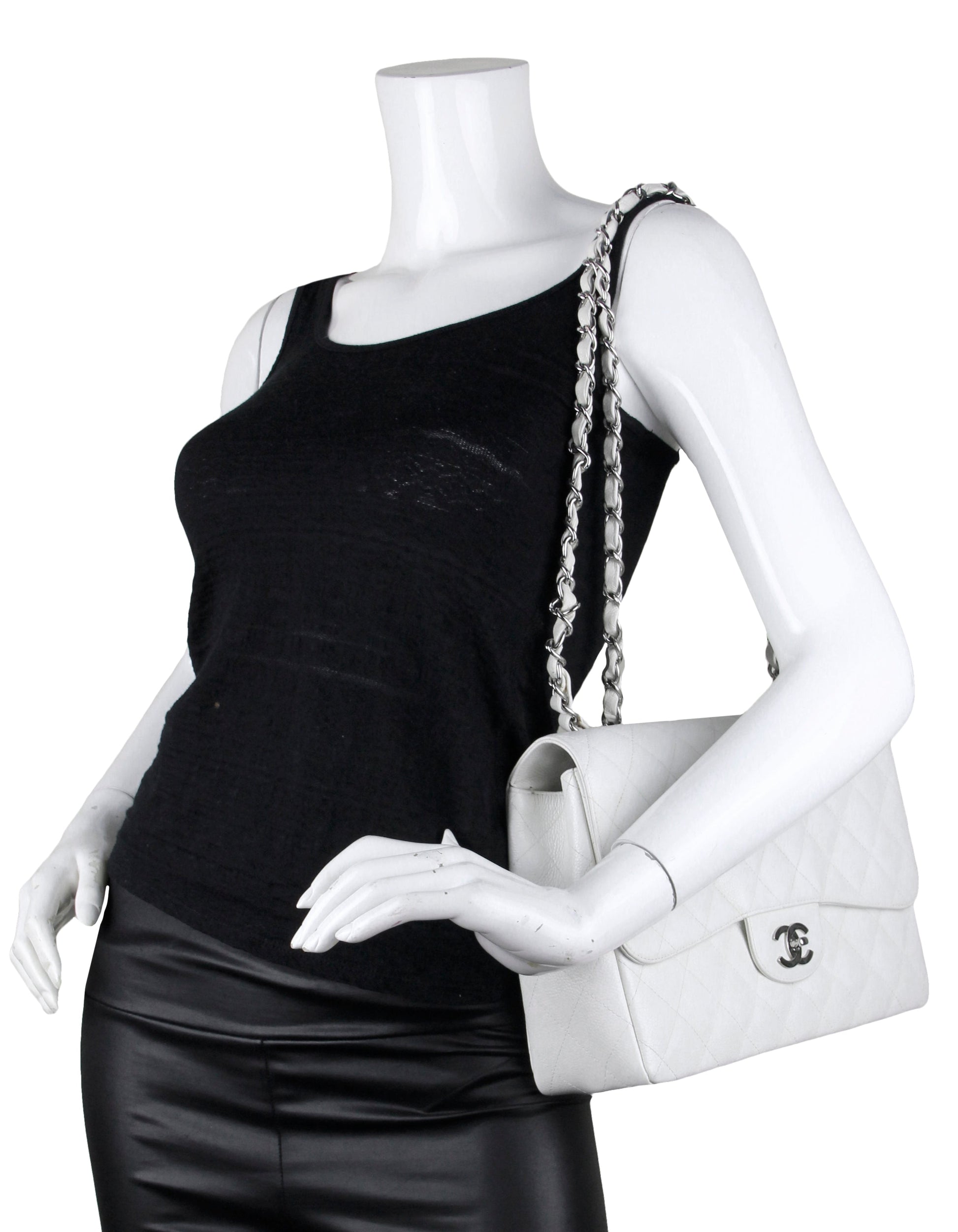 Chanel White Caviar Leather Quilted Single Flap Bag - Rovelle Bags