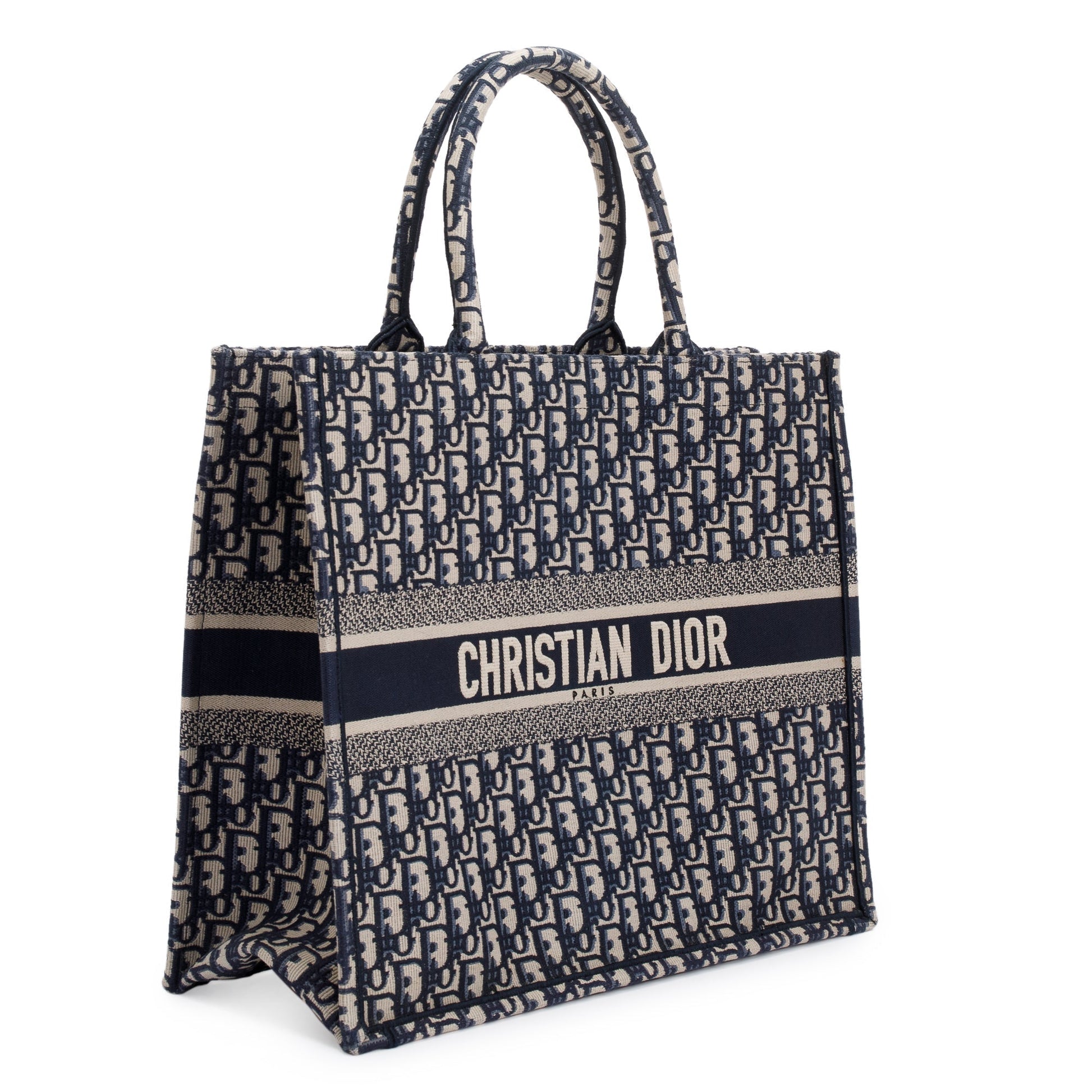 Christian Dior 2021 Ecru and Blue Dior Oblique Embroidery Large Book Tote