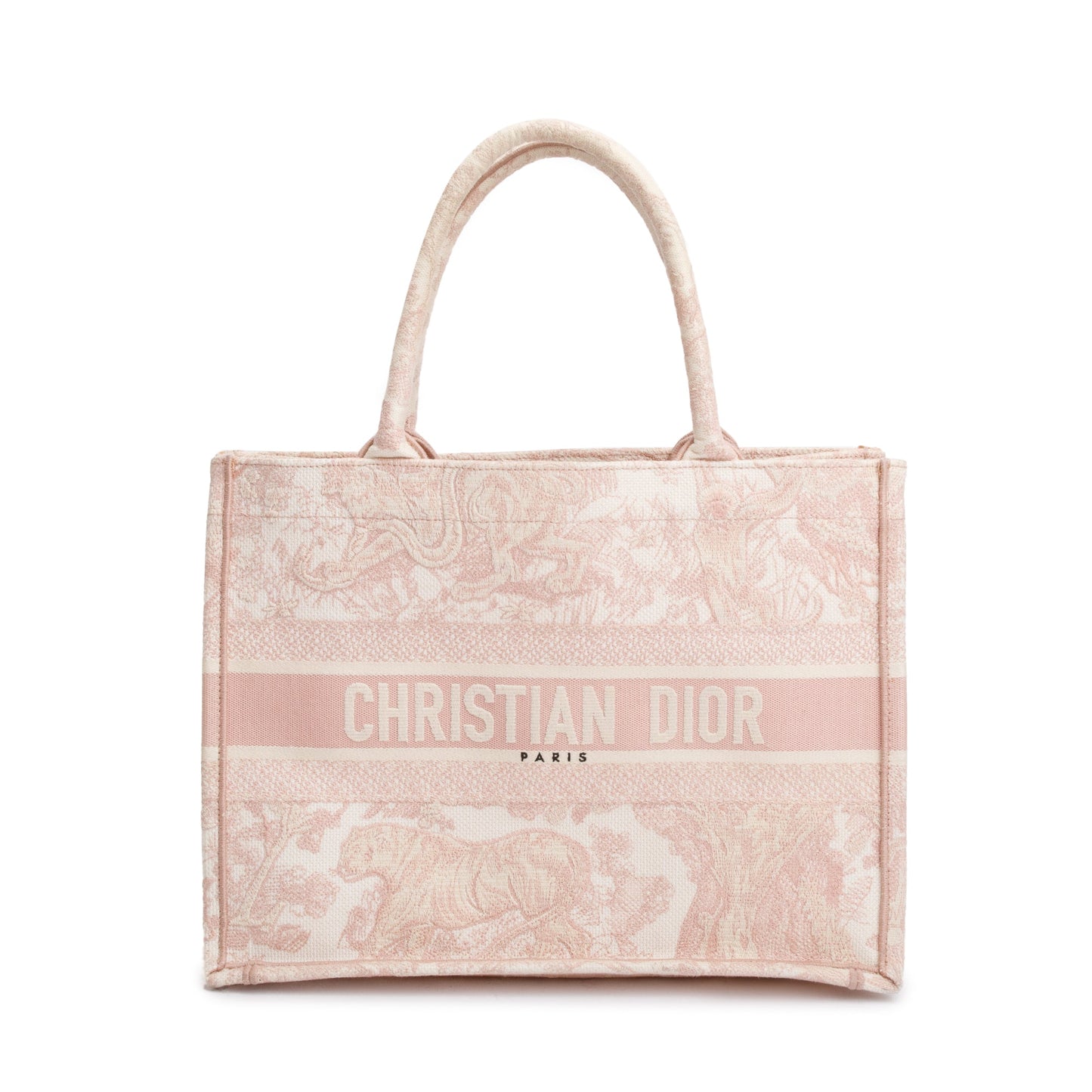 Christian Dior 2021 Ecru and Pink Toile De Jouy Embroidery Medium Book Tote