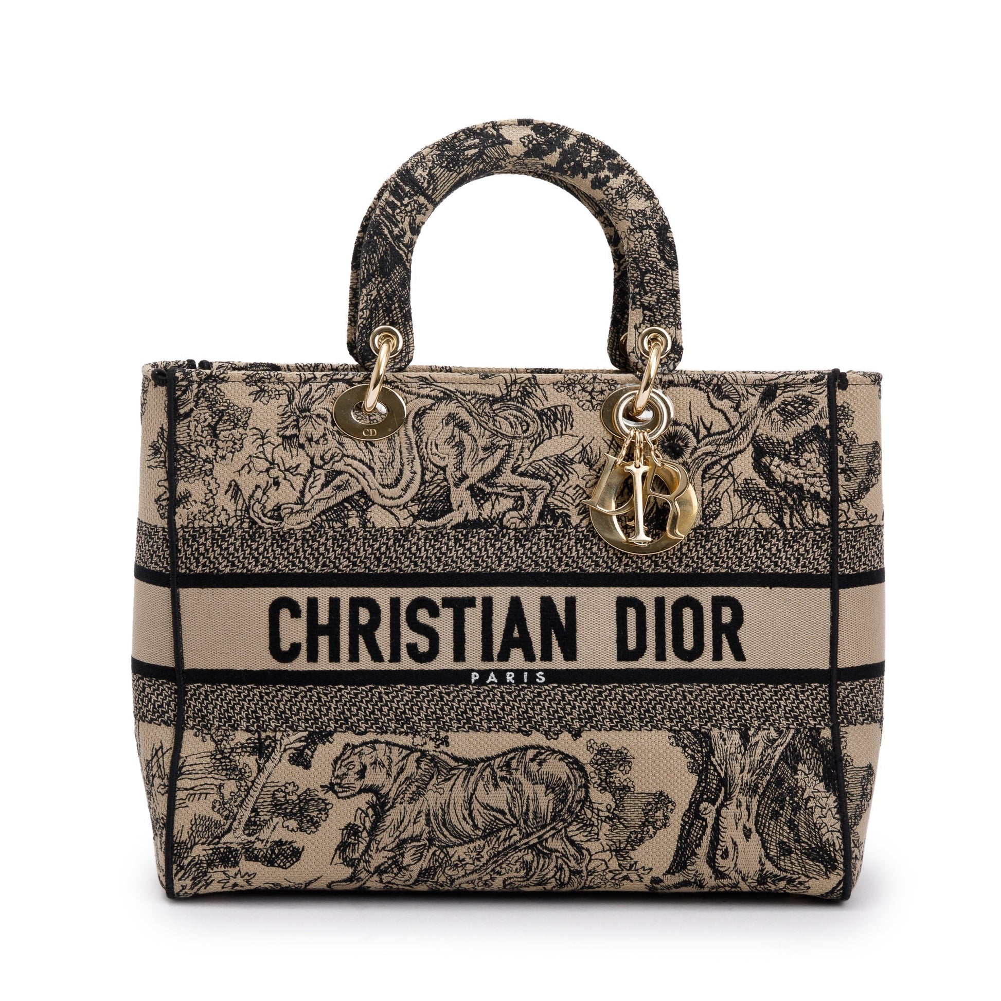 Christian Dior 2022 Beige & Black Toile De Jouy Soleil Embroidery Medium Lady D-Lite Bag