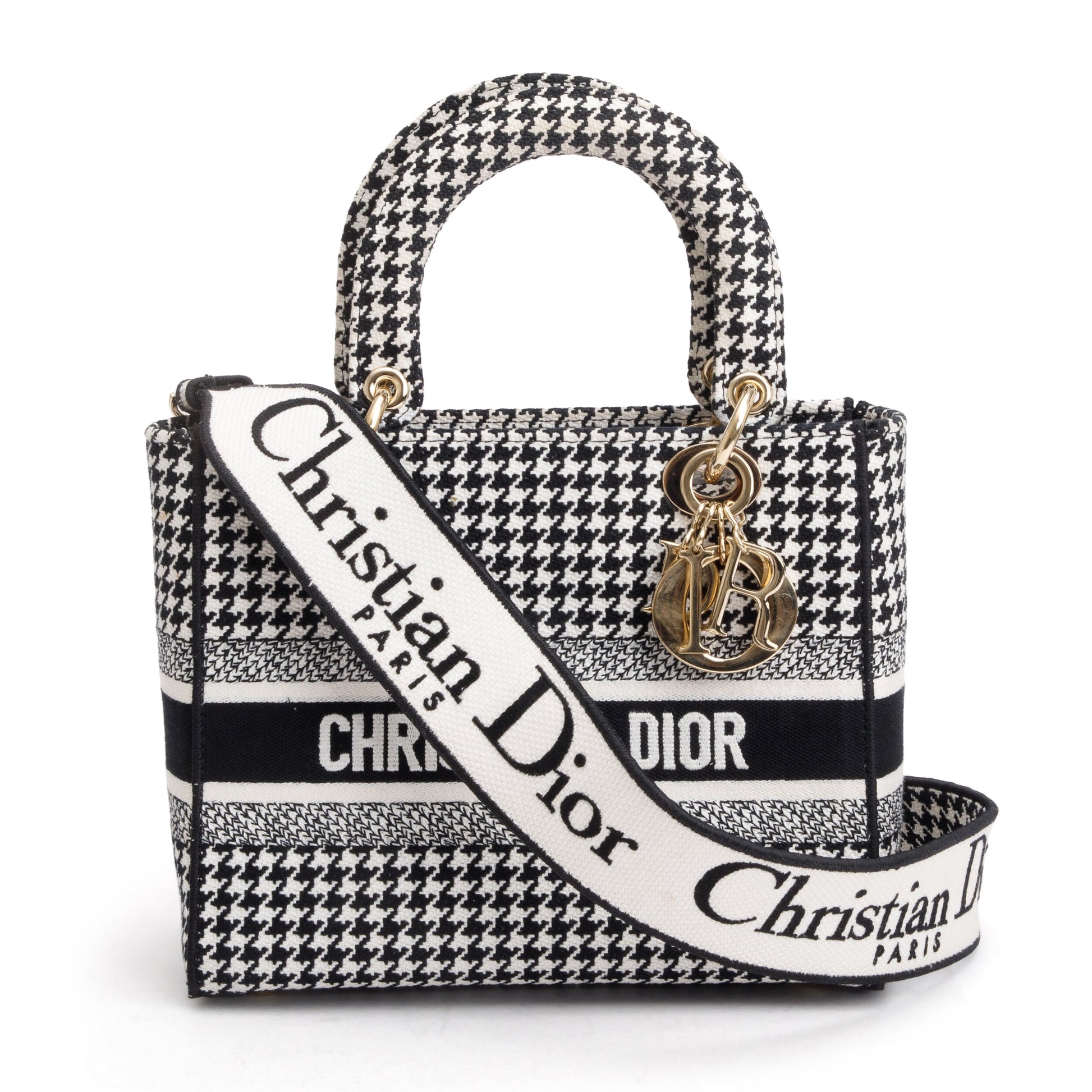 Christian Dior 2022 Black/White Houndstooth Embroidered Medium Lady D-Lite Bag