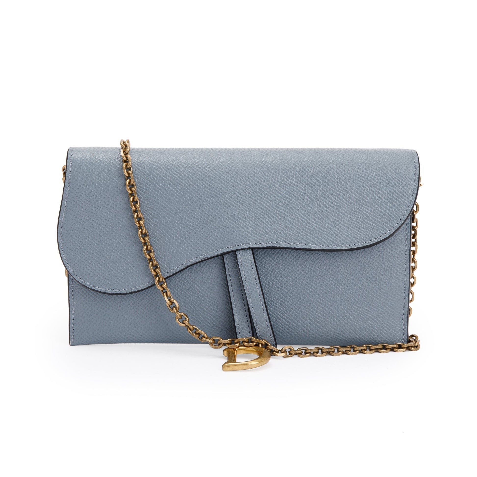 Christian Dior 2022 Blue Grained Calfskin Leather Saddle Chain Pouch