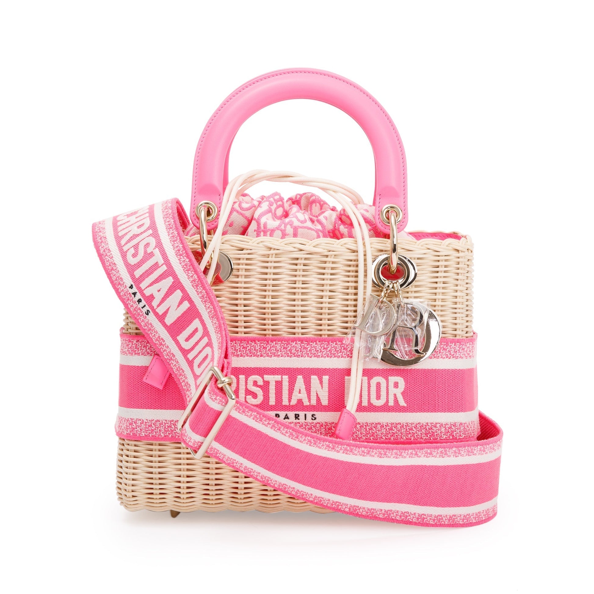Christian Dior 2022 Natural Wicker Pink Oblique Medium Lady Dior Bag