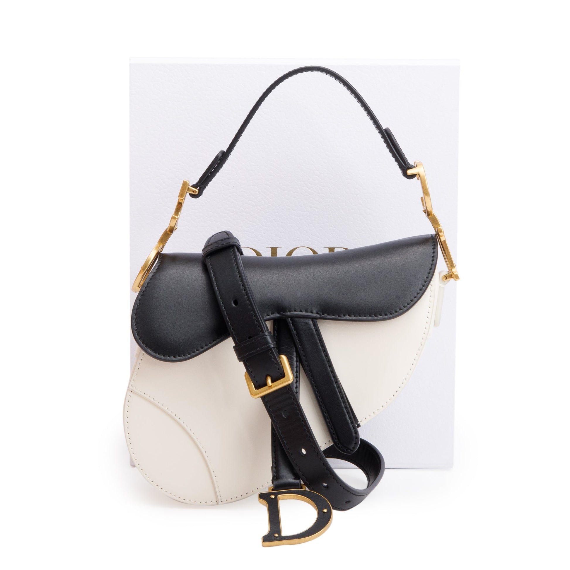 Christian Dior 2024 Black & White Calfskin Leather Mini Saddle Bag