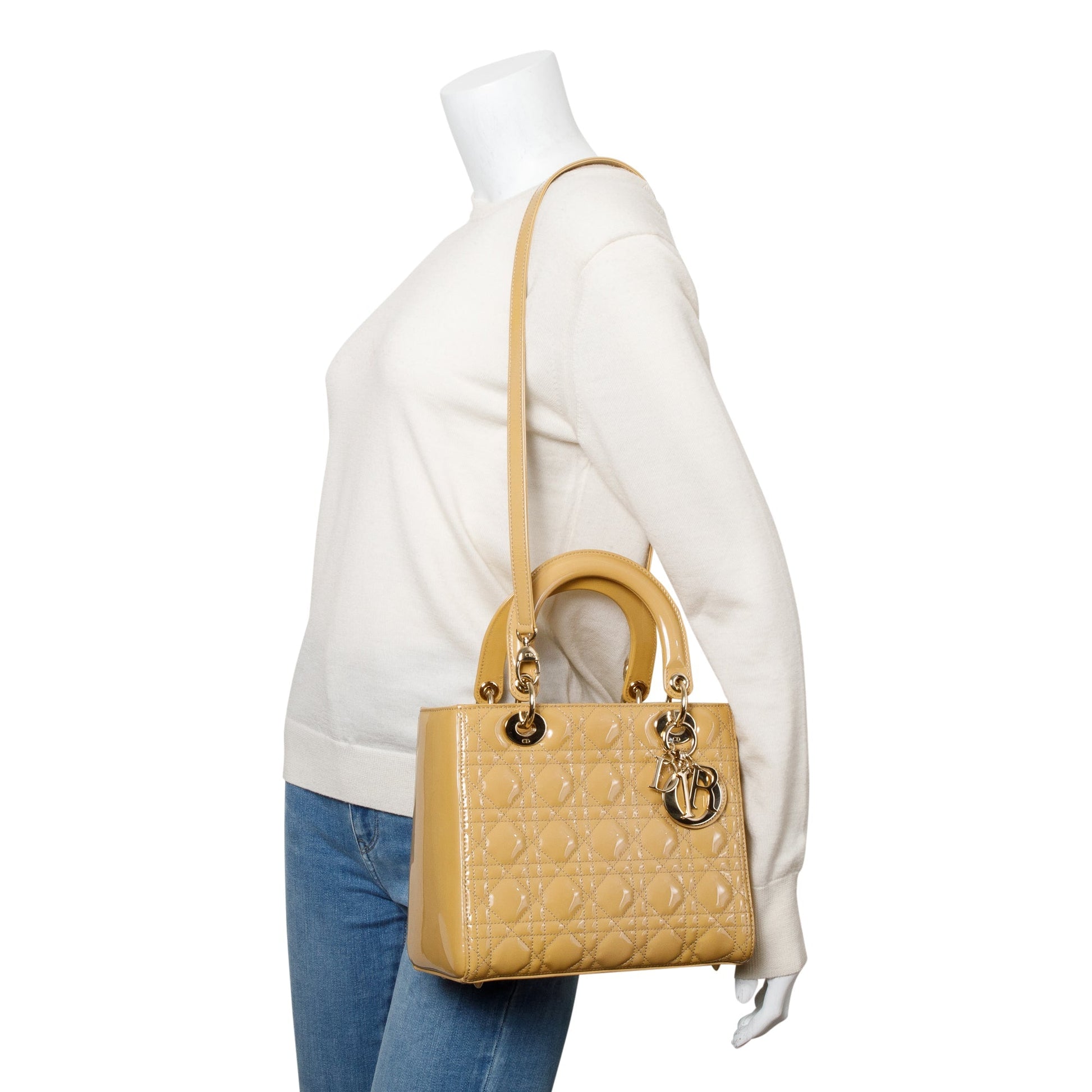 Christian Dior Beige Cannage Patent Leather Medium Lady Dior Bag