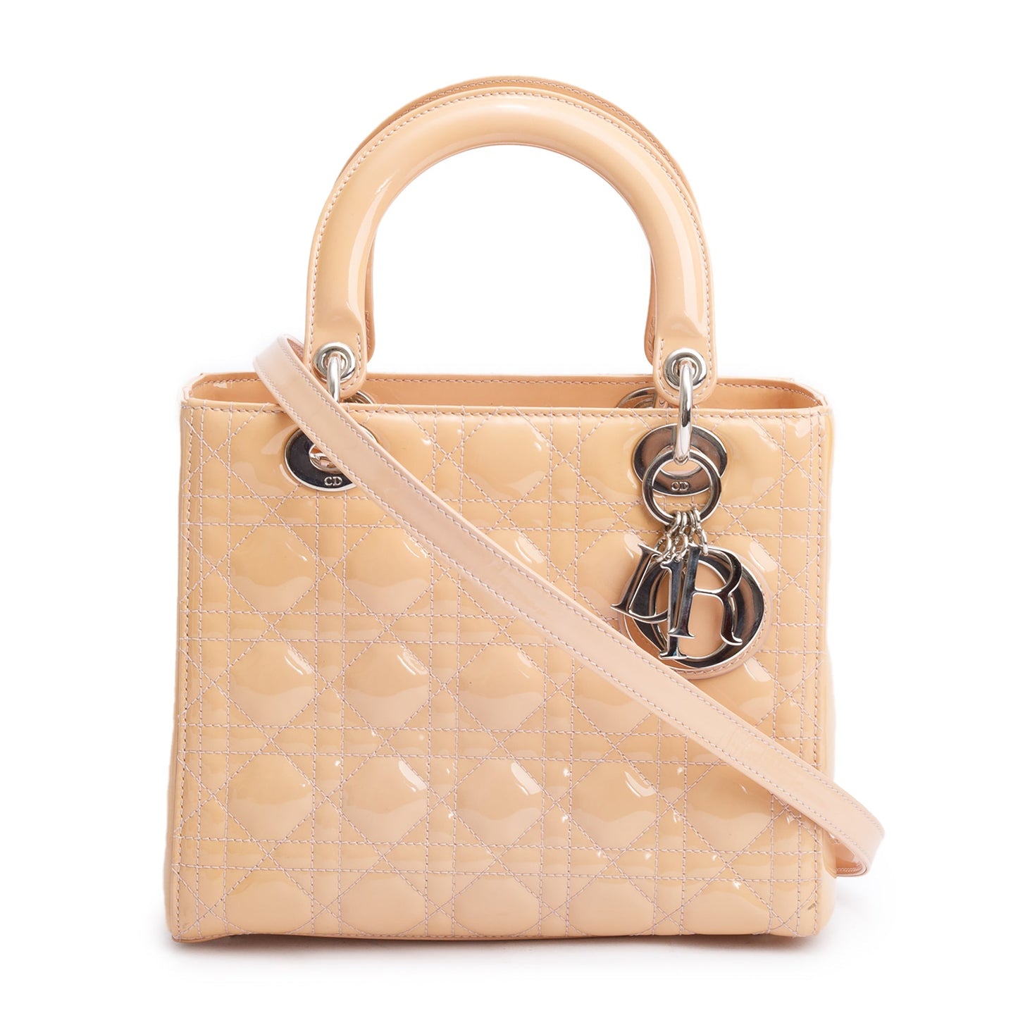 Christian Dior Beige Cannage Patent Leather Small Lady Dior Bag
