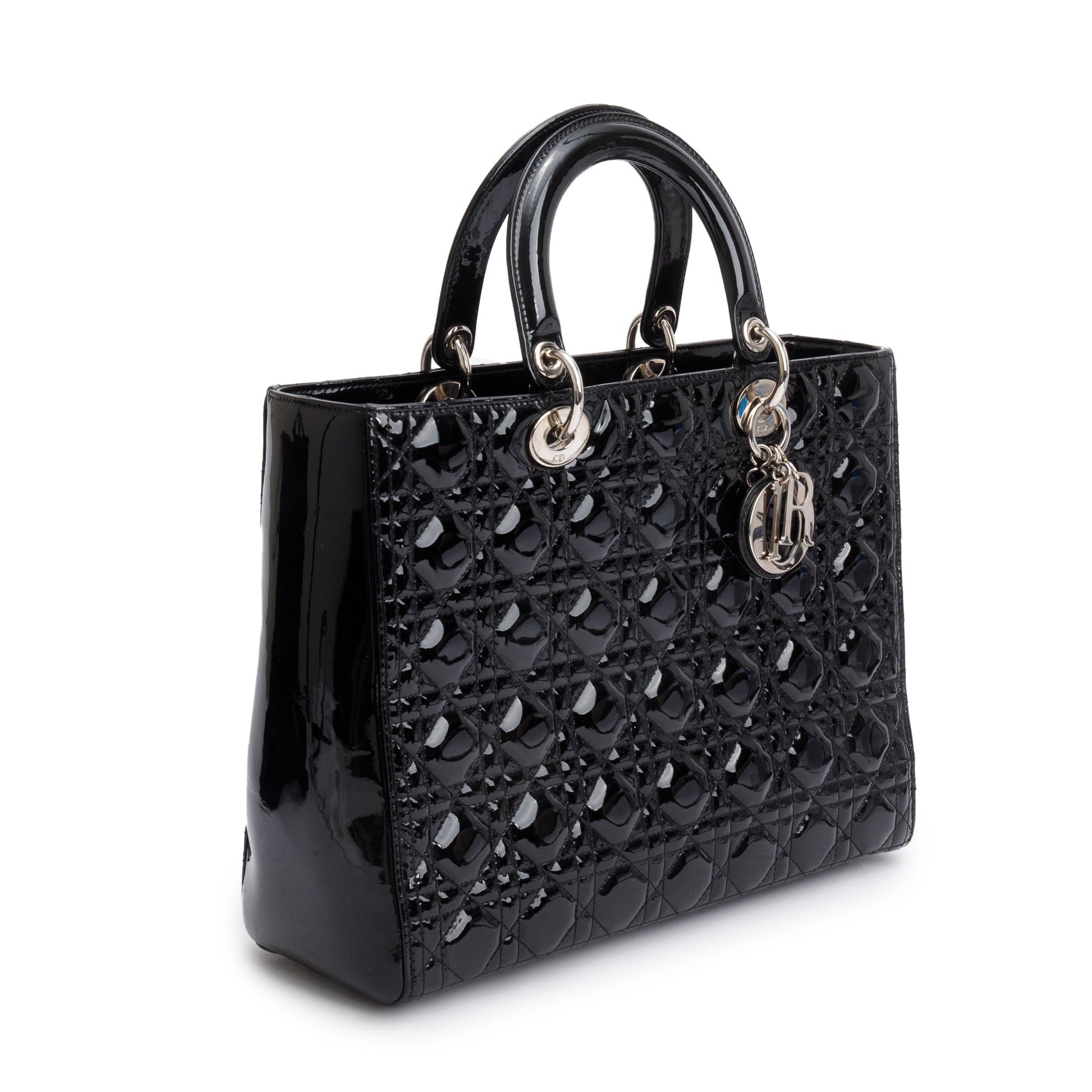 Christian Dior Black Cannage Patent Leather Large Lady Dior Bag