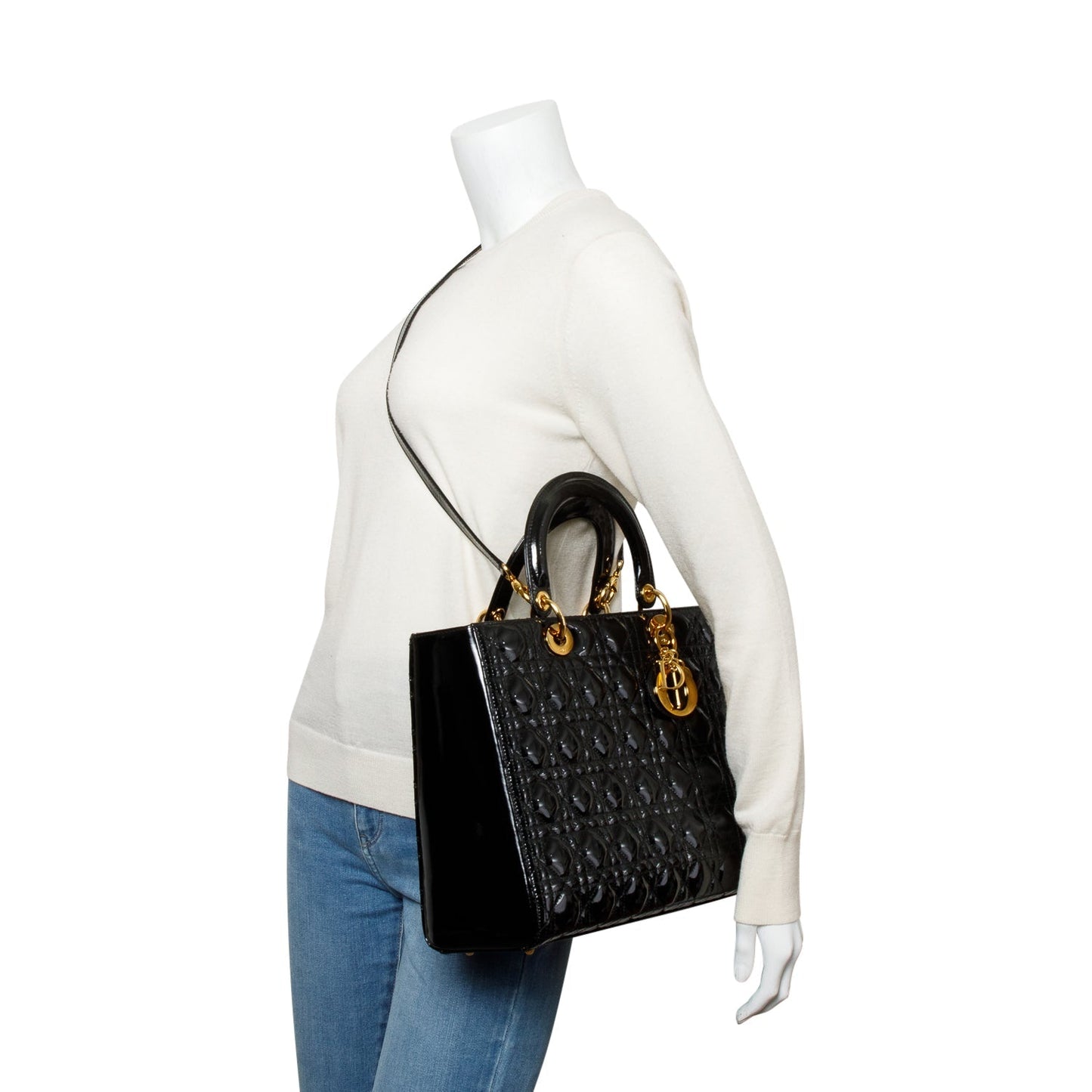 Christian Dior Black Cannage Patent Leather Large Lady Dior Bag