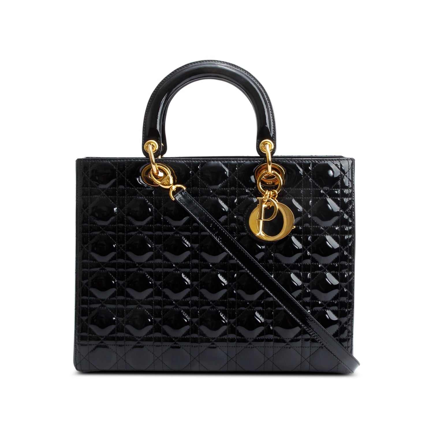 Christian Dior Black Cannage Patent Leather Large Lady Dior Bag