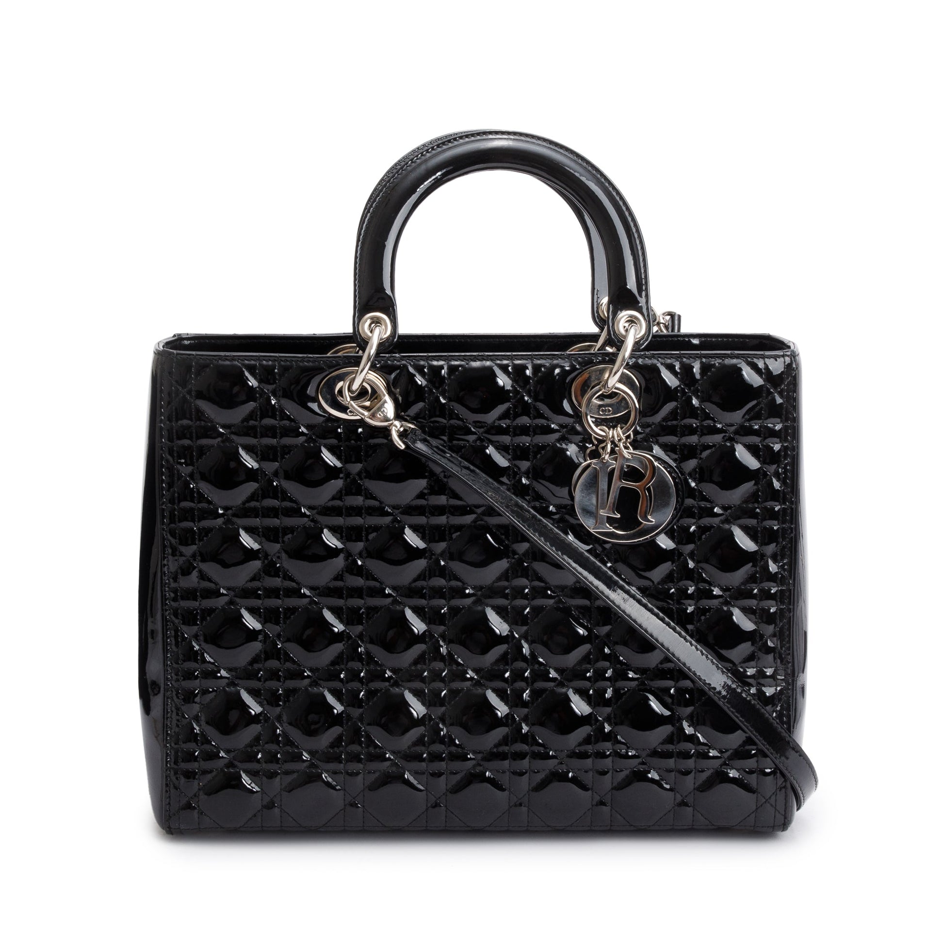Christian Dior Black Cannage Patent Leather Large Lady Dior Bag