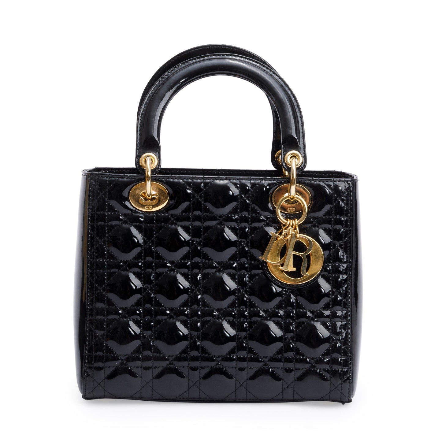 Christian Dior Black Cannage Patent Leather Medium Lady Dior Bag